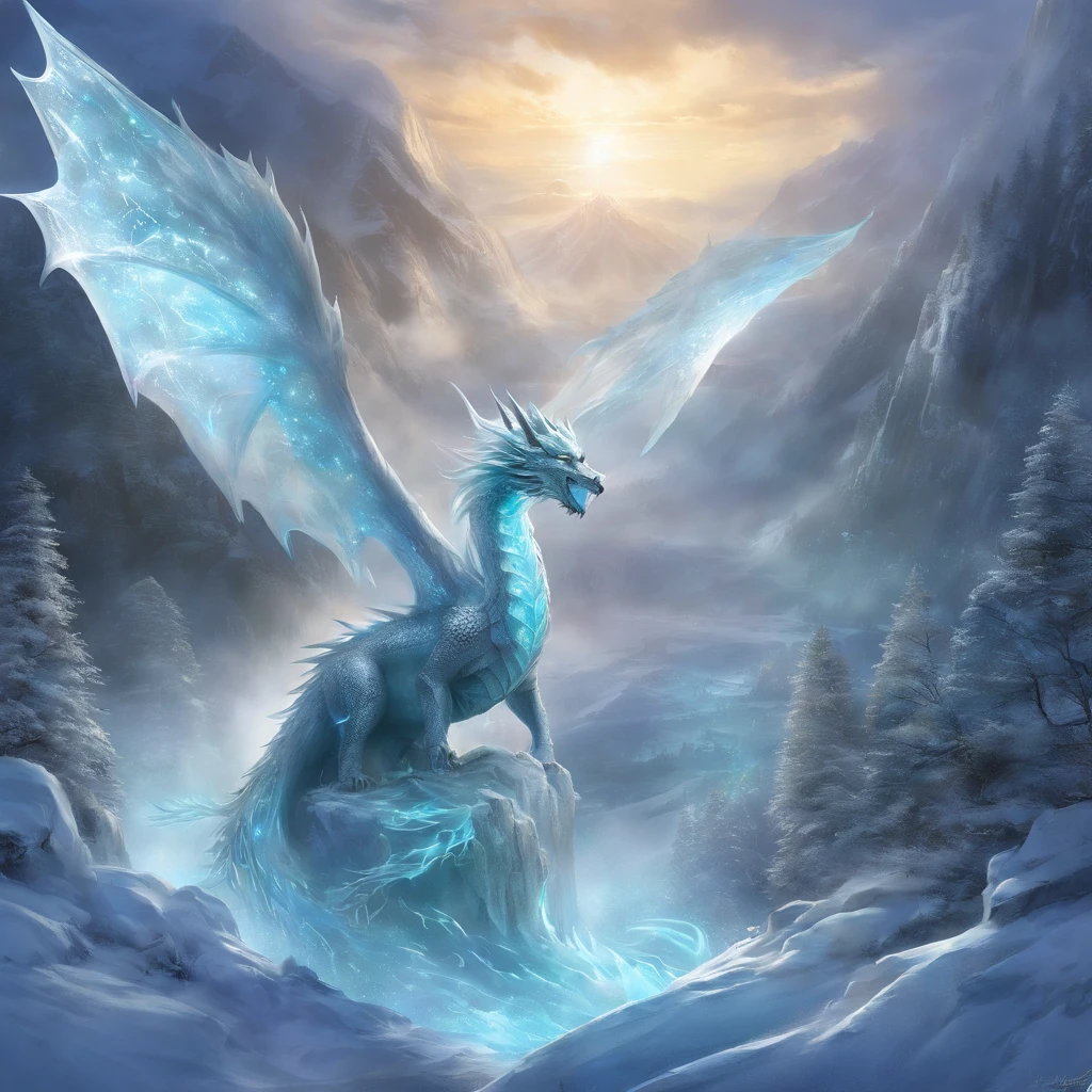 Ice beam from mouth、Superior Quality, masterpiece, ultra-detailliert, Photo Raw, (Photorealista:1.4), In the realm of fantasy, A magnificent white dragon flew in the sky. Its huge wings, Like the shimmering leaves of frost, Effortlessly carried it into the air. His scales were bright and snow-white, Sparkles with an eerie glow that reflects light like a thousand diamonds.Dragon's Eye, Cold and blue as glacier ice, He had a hint of ancient wisdom and mercy. Its long, The winding body is、Gracefully curved to glide, and its tail, Decorated with a sharp tip-shaped tip, It was left behind like a frozen comet.With every beat of his wing, The dragon exhales an icy breath、It crystallized into a complex frost pattern in the air. He was a creature of power and grace, Guardian of the Frozen Kingdom, And her presence in heaven is、Filled the hearts of everyone who saw her with surprise and surprise. europian style, Pale lighting, natta, depth of fields