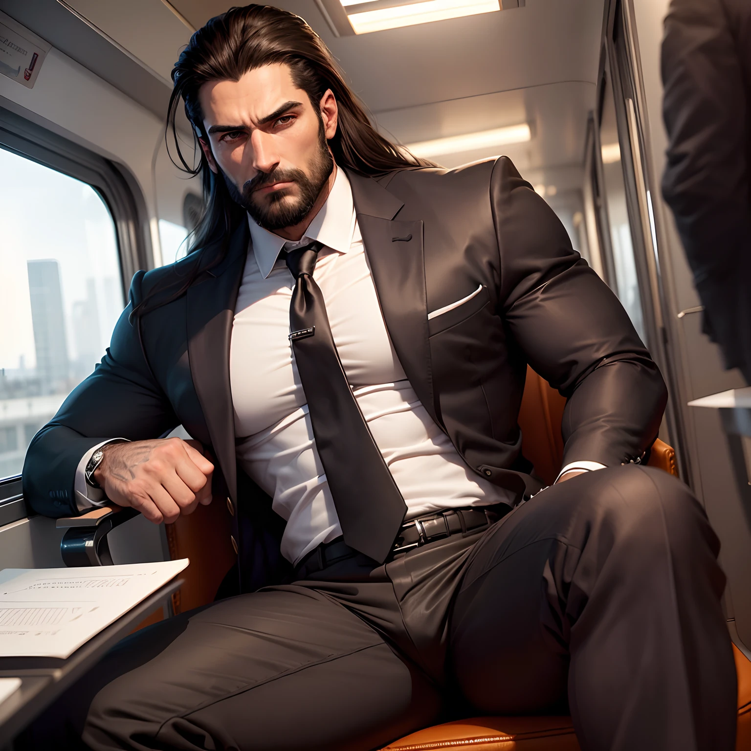 Man dark brown business 35 years old long muscular hair fine 85 kilos, square-jawed, barbe de 3 jours, piercing gaze, attitude charismatique, dressed as a businessman, assis sur la chaise de son bureau en train de fixer l'objectif