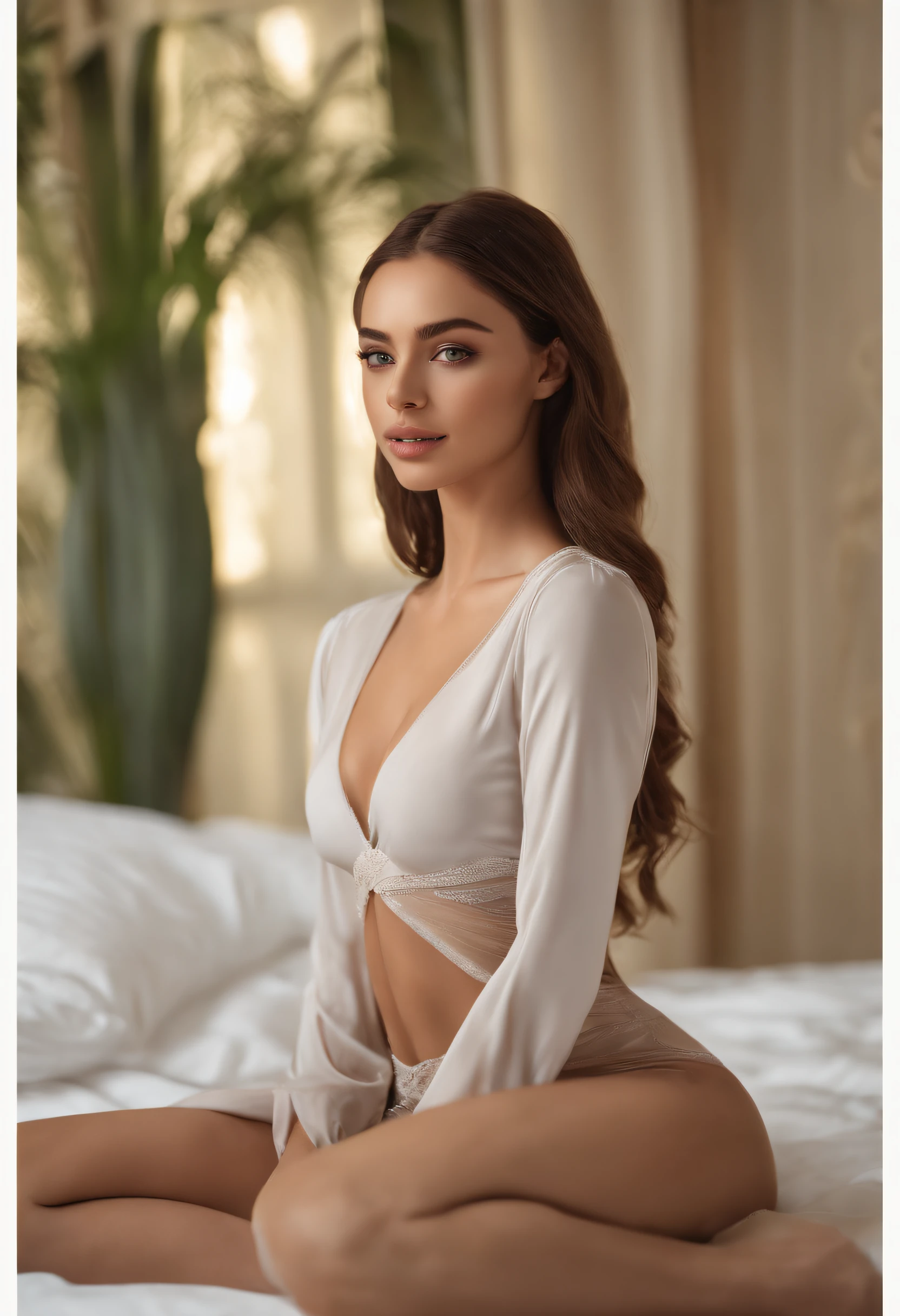 arafed woman fully , sexy girl with brown eyes, ultra realistic, meticulously detailed, portrait sophie mudd, brown hair and large eyes, selfie of a young woman, dubai eyes, violet myers, without makeup, natural makeup, looking directly at the camera, face with artgram, subtle makeup, stunning full body shot kneeling on bed, in bedroom, medium to large size bust. Best quality at best,(Fidelity:1.2),mtu,Strong body,army suit,rifles,
