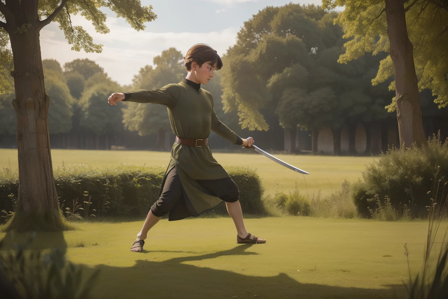 Year: 11th century. Location: Salisbury, England. Pre-raphaelite scene with a 12-year-old english boy, playing with a sword, training alone, outdoors, ((energetic)) ((movement)), ((((11th century plain dull tunic)))) ((11th century hairstyle)), (((cinematic style)))