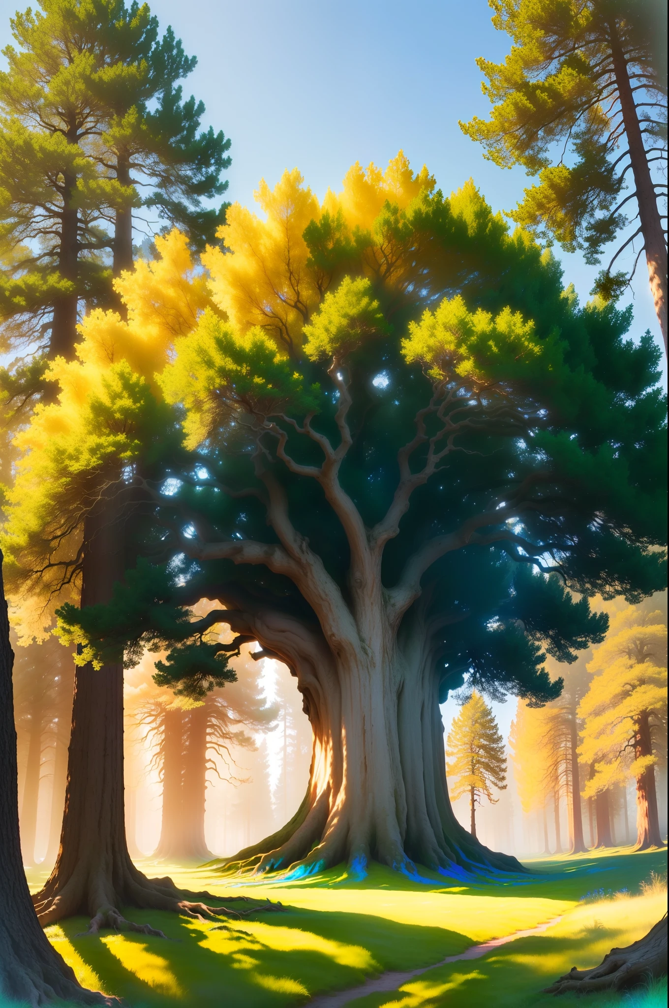Masterpiece, exquisite, beautiful scenery deep in the Californian forest, (colourful oak tree, vivid, sunny, cool light: 1.2) massive oak tree towering a nice meadow, high quality