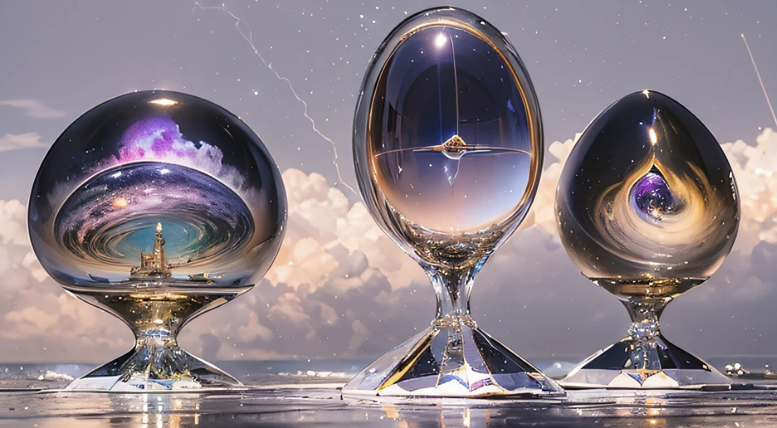 Miniature teardrop-shaped opaque crystal cosmic elliptical ship,,Skysky,dark stormy clouds,Sky full of lightning, It will be a thunderstorm,top angle:Observation from the top of the object,The top and bottom of the object can be seen。
