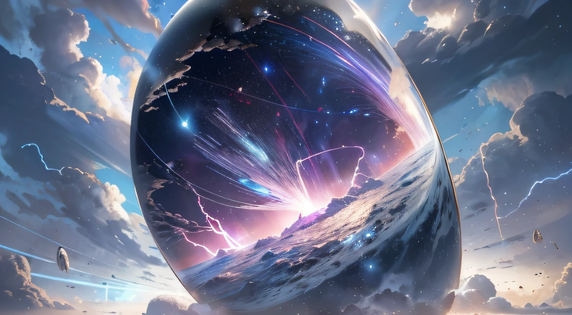 Miniature teardrop-shaped opaque crystal cosmic elliptical ship,,Skysky,dark stormy clouds,Sky full of lightning, It will be a thunderstorm,top angle:Observation from the top of the object,The top and bottom of the object can be seen。