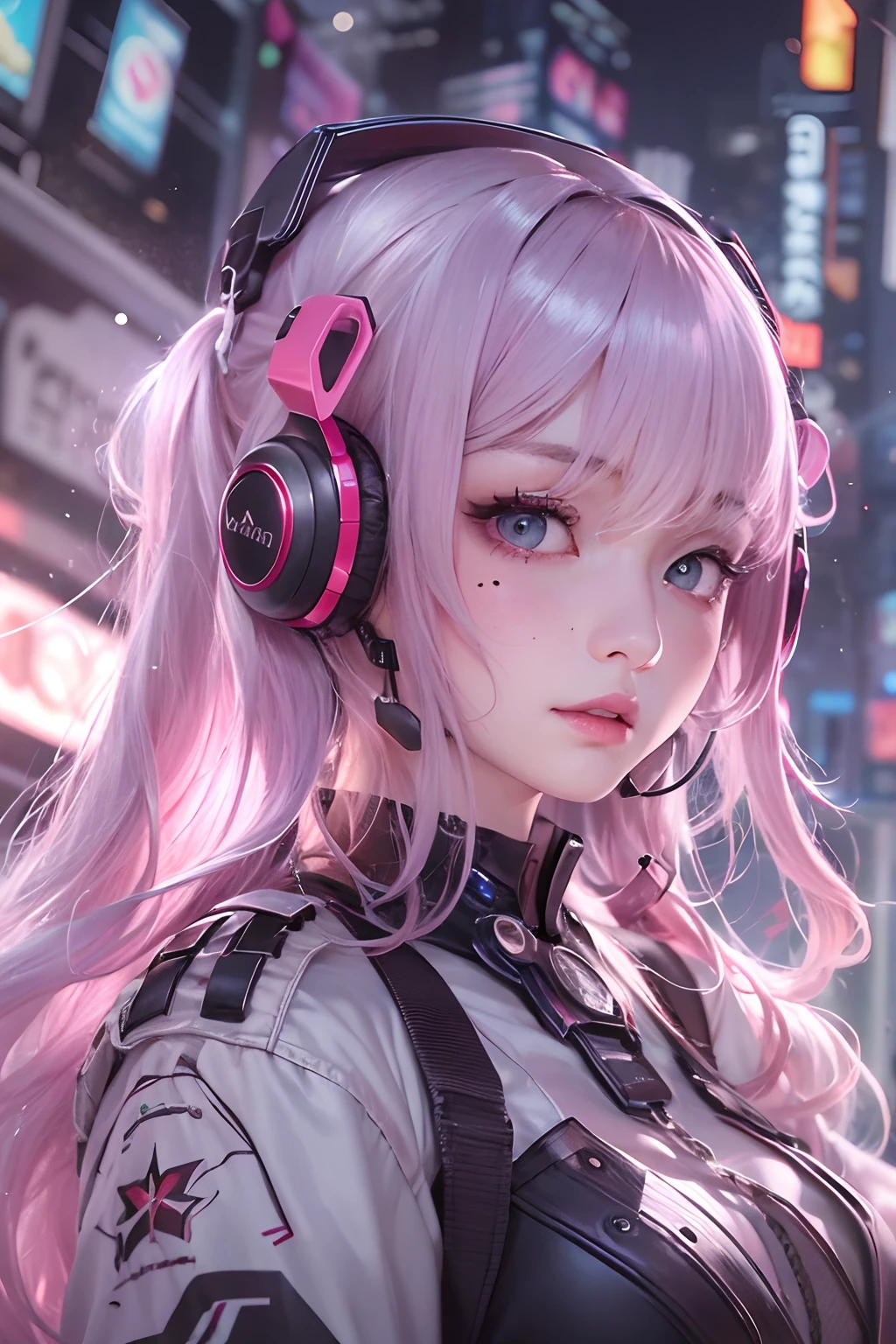 ​masterpiece, 1 beautiful girl, Detailed eye, Swollen eyes, top-quality, 超A high resolution, 电影灯光, japanes, a asian beauty, very extremely beautiful, Beautiful skins, A slender, Forward-facing body, gazing at viewer、(animesque), (hight resolution), , (ighly detailed), ( Best Illustration), (beautifully detailed eyes), (ultra-detailliert), 详细的脸, Bright lighting, Professional Lighting、The background is a cyberpunk room with many monitors..................、Hair color is pink twin tails、、headset on head、Moles under the eyes、Plump and glossy lips、Heart-shaped choker、Female Game Commentator、animesque