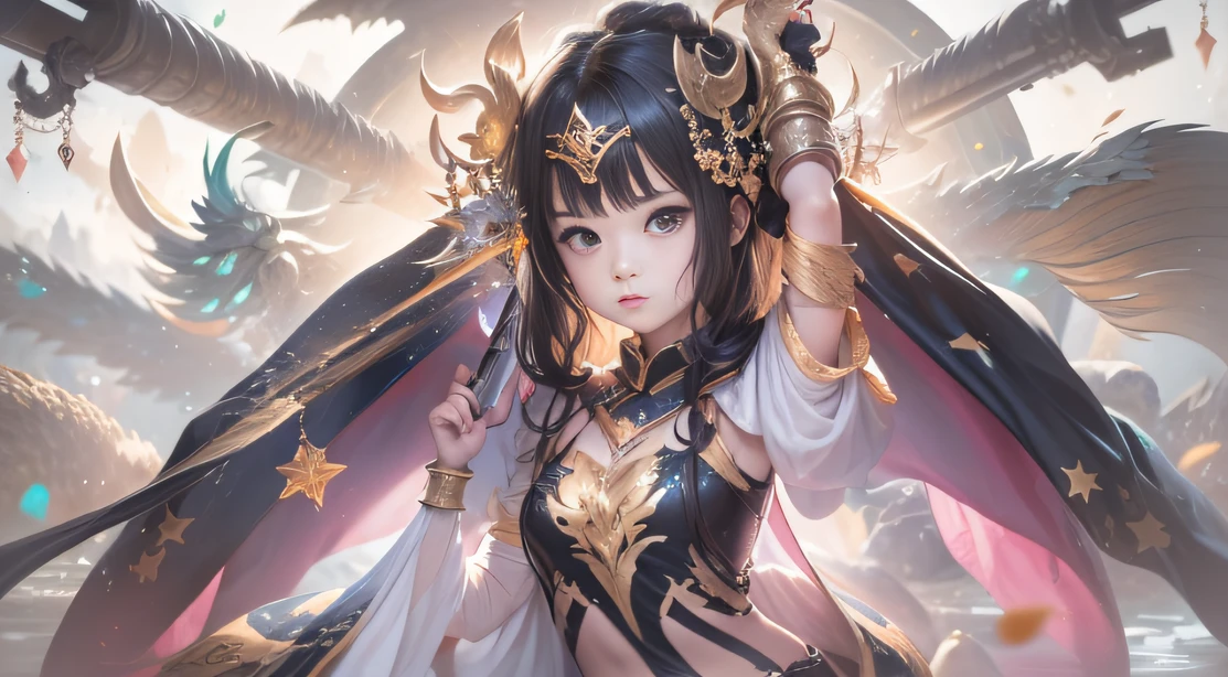 (Black-haired goddess of water control)(Best quality, A high resolution, Brightly colored cape, (Real girls), (Real Human))Forged hammer pattern，Small back，sedate，massiness，Shiny and warm