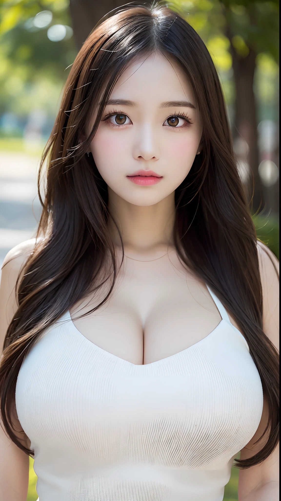 masutepiece, Best Quality, Illustration, Ultra-detailed, delicate detail, Hight Resolution, 8K wallpaper, Perfect dynamic composition, Beautiful detailed eyes, Natural Lip, (Sexy tight knit dress), (((Huge breasts :1.2, and droopy breasts:1.1))), cleavage, Random sexy poses, s whole body, super delicate face, (((Dazzlingly white skin))), moist lips, (Very long hair), Innocent Big Eyes, Detailed Eyes, ((very detail eyes)), Park Background, (walking)