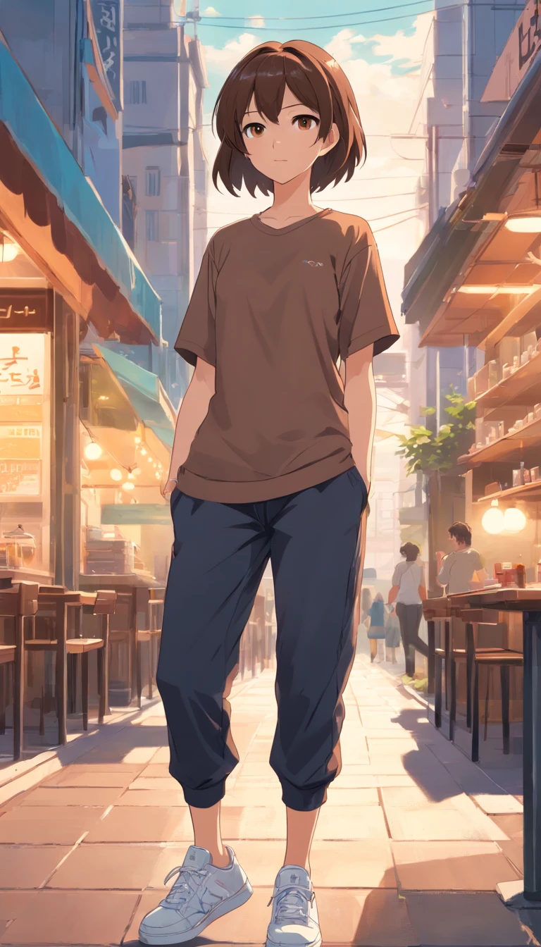 A park,1 girl,short brown hair,brown eye,black t-shirt,café sweatpants,White Sneakers