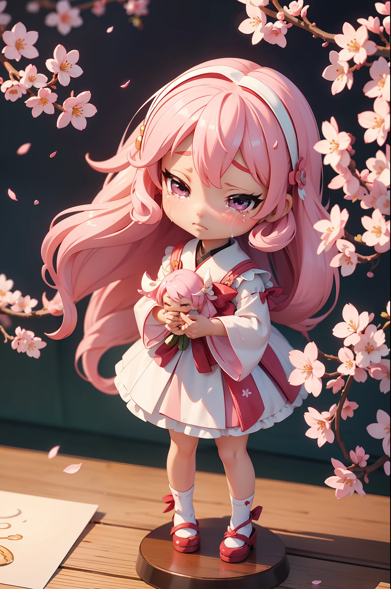 Doll standing in front of the painting、bionde、Crying face、Wiping tears、Close your right eye、Sengai、pixiv、rokoko、dollfie dream、watercolor Nendoroid、(High Definition Figure)、flowing sakura-colored silk、nendroid、highly_Detailed!!,Cherry blossom petals、Flowing cherry blossom silk、season!!: 🌸 ☀ 🍂 ❄
