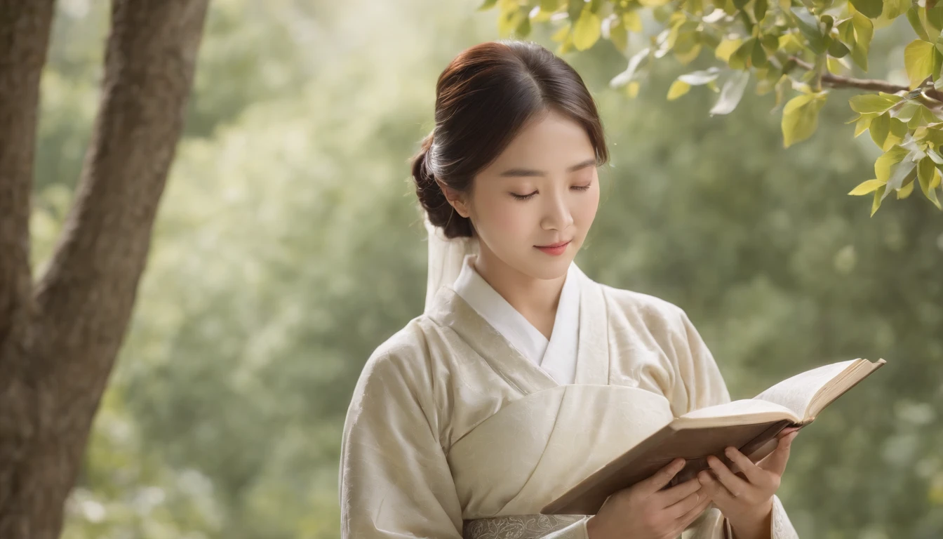 (Best Quality,Ultra-detailed,realisitic:1.37),portrait of a,Korean men and women reading the Bible,Oil Painting,Traditional Korean Costume,Peaceful garden scene,Soft sunlight,tranquil expression,wisdom,Bible Quotes,vibrant colours,delicate brushwork,subtle textures,lush greenery,Contemplative atmosphere,Beautiful picture book,Highlighted features:Eyes in focus,gentle smiling,Graceful posture,Sunlight shining through the trees,rays,Quiet surroundings,serene ambiance,A Blessed Moment