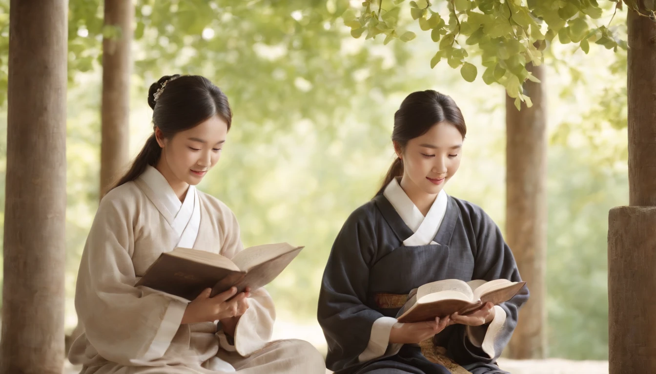 (Best Quality,Ultra-detailed,realisitic:1.37),portrait of a,Korean men and women reading the Bible,Oil Painting,Traditional Korean Costume,Peaceful garden scene,Soft sunlight,tranquil expression,wisdom,Bible Quotes,vibrant colours,delicate brushwork,subtle textures,lush greenery,Contemplative atmosphere,Beautiful picture book,Highlighted features:Eyes in focus,gentle smiling,Graceful posture,Sunlight shining through the trees,rays,Quiet surroundings,serene ambiance,A Blessed Moment