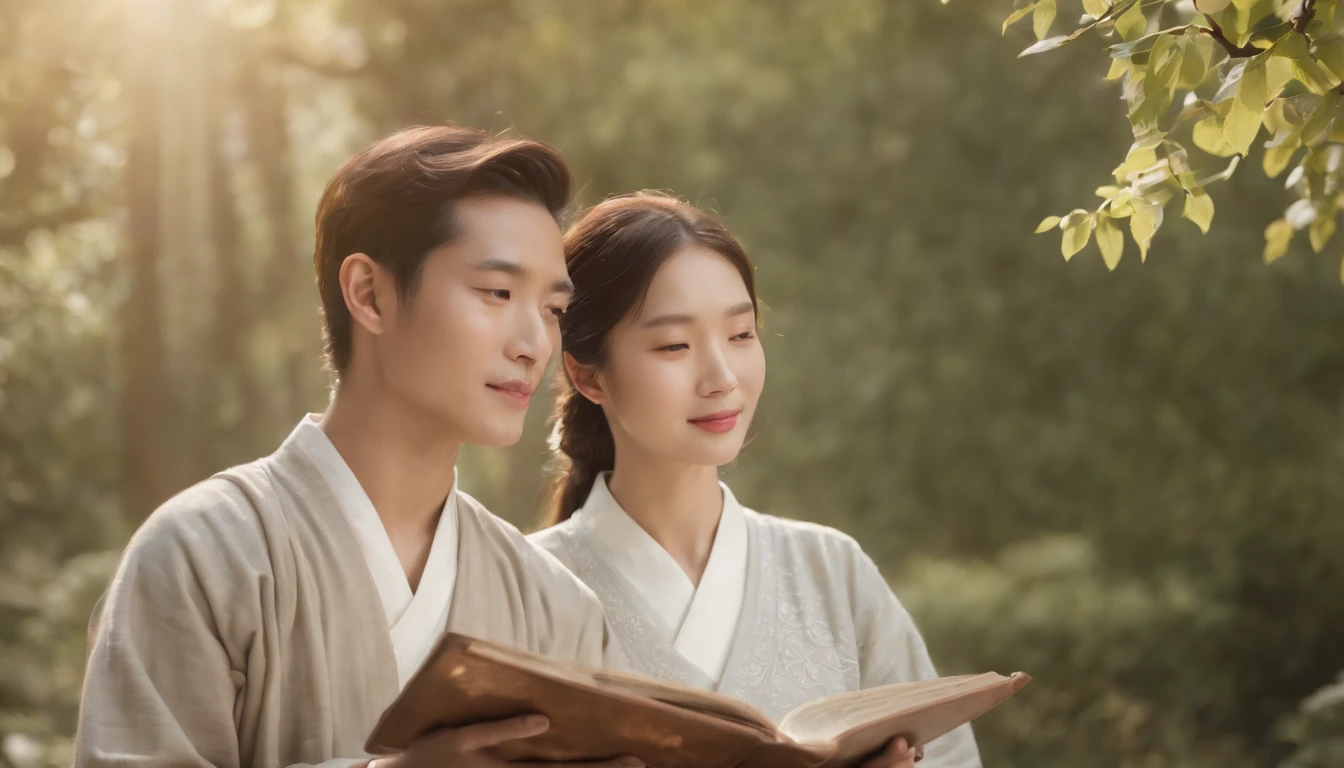 (Best Quality,Ultra-detailed,realisitic:1.37),portrait of a,Korean men and women reading the Bible,Oil Painting,Traditional Korean Costume,Peaceful garden scene,Soft sunlight,tranquil expression,wisdom,Bible Quotes,vibrant colours,delicate brushwork,subtle textures,lush greenery,Contemplative atmosphere,Beautiful picture book,Highlighted features:Eyes in focus,gentle smiling,Graceful posture,Sunlight shining through the trees,rays,Quiet surroundings,serene ambiance,A Blessed Moment