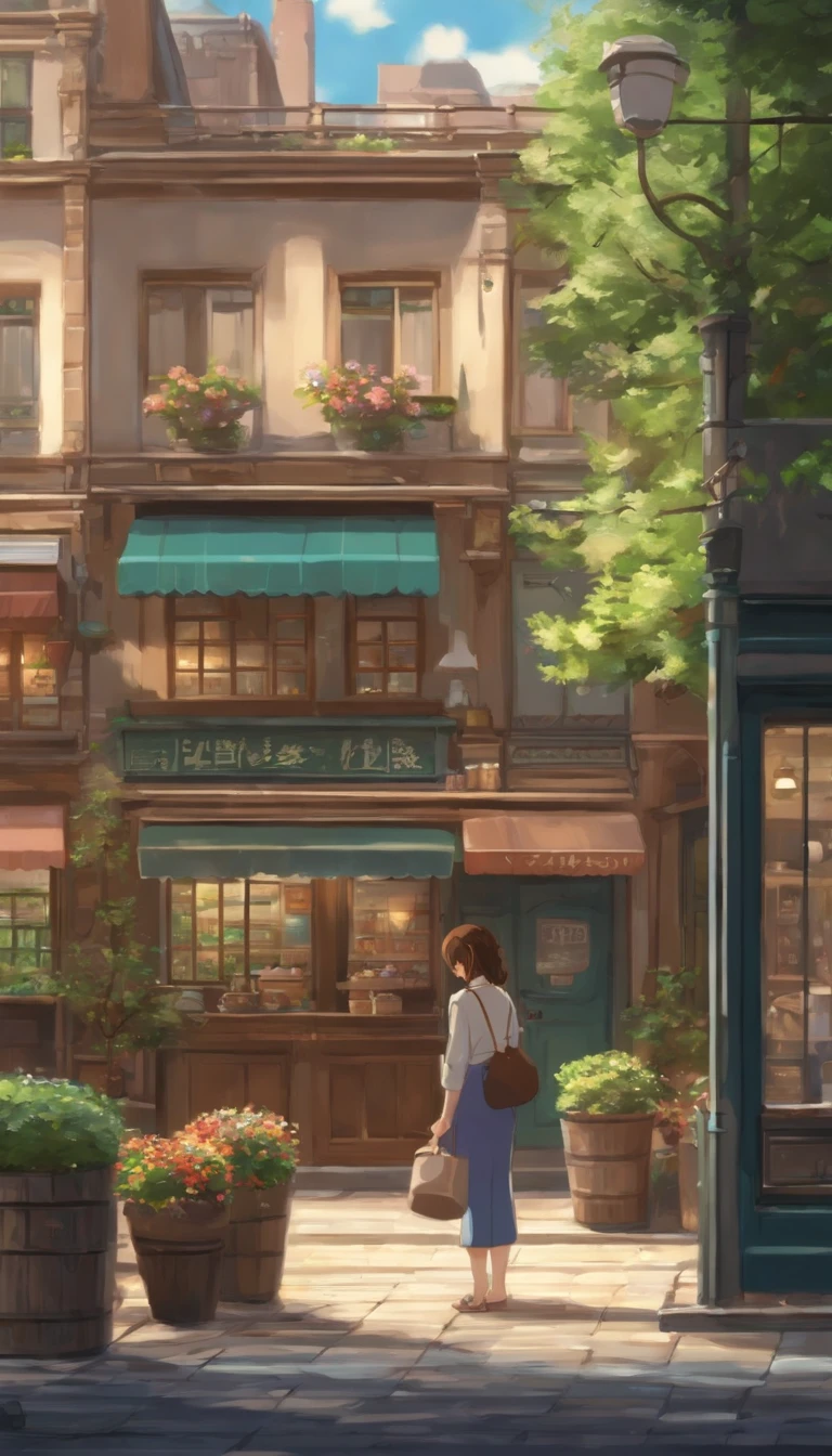 Anime - City street style scene, a woman waiting in front of a store, anime background art, detailed scenery - width 672, anime landscape concept art, anime style cityscape, Studio Ghibli anime style, Studio Ghibli art style, Studio Ghibli program, anime landscape, Studio Ghibli art style, Landscape artwork, Beautiful anime landscape, Forest city street, Ghibli art style, cake shop, cake shop, bakery cake shop, Makoto Shinkai style, Makoto Shinkai anime, Shinkai Makoto art style