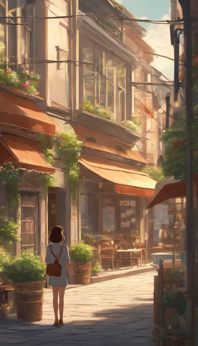 Anime - City street style scene, a woman waiting in front of a store, anime background art, detailed scenery - width 672, anime landscape concept art, anime style cityscape, Studio Ghibli anime style, Studio Ghibli art style, Studio Ghibli program, anime landscape, Studio Ghibli art style, Landscape artwork, Beautiful anime landscape, Forest city street, Ghibli art style, cake shop, cake shop, bakery cake shop, Makoto Shinkai style, Makoto Shinkai anime, Shinkai Makoto art style