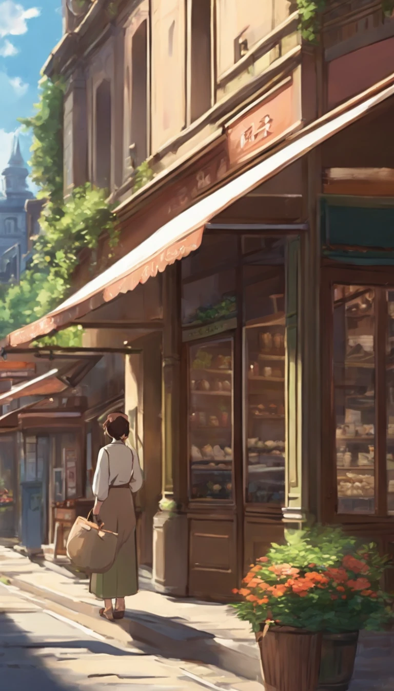 Anime - City street style scene, a woman waiting in front of a store, anime background art, detailed scenery - width 672, anime landscape concept art, anime style cityscape, Studio Ghibli anime style, Studio Ghibli art style, Studio Ghibli program, anime landscape, Studio Ghibli art style, Landscape artwork, Beautiful anime landscape, Forest city street, Ghibli art style, cake shop, cake shop, bakery cake shop, Makoto Shinkai style, Makoto Shinkai anime, Shinkai Makoto art style