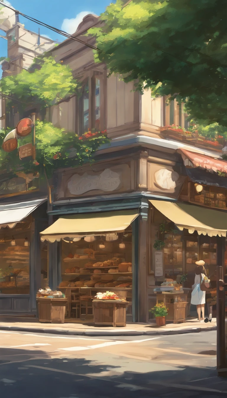 Anime - City street style scene, a woman waiting in front of a store, anime background art, detailed scenery - width 672, anime landscape concept art, anime style cityscape, Studio Ghibli anime style, Studio Ghibli art style, Studio Ghibli program, anime landscape, Studio Ghibli art style, Landscape artwork, Beautiful anime landscape, Forest city street, Ghibli art style, cake shop, cake shop, bakery cake shop, Makoto Shinkai style, Makoto Shinkai anime, Shinkai Makoto art style