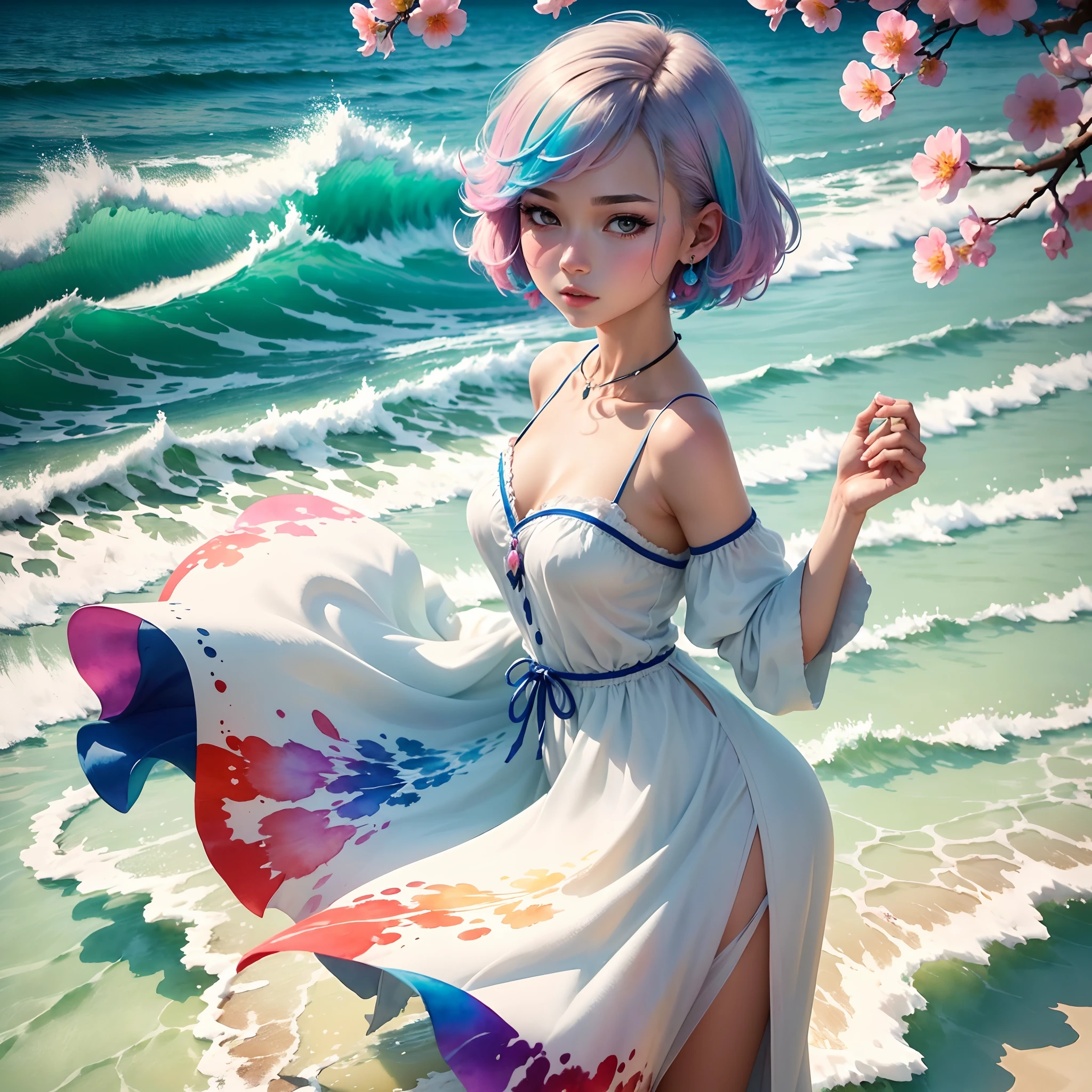 (Best Quality), (Masterpiece: 1.2), (Colorful: 0.9), (Ink Splash), (Color Splash), (Watercolor)), Sharp Focus, (Portrait Summer Goddess: 1.5), Elegant Look, Elegant Pastel Haircut, Beautiful and Detailed Face and Eyes, Elegant Clothes, Summer Sea Background, Colored Water