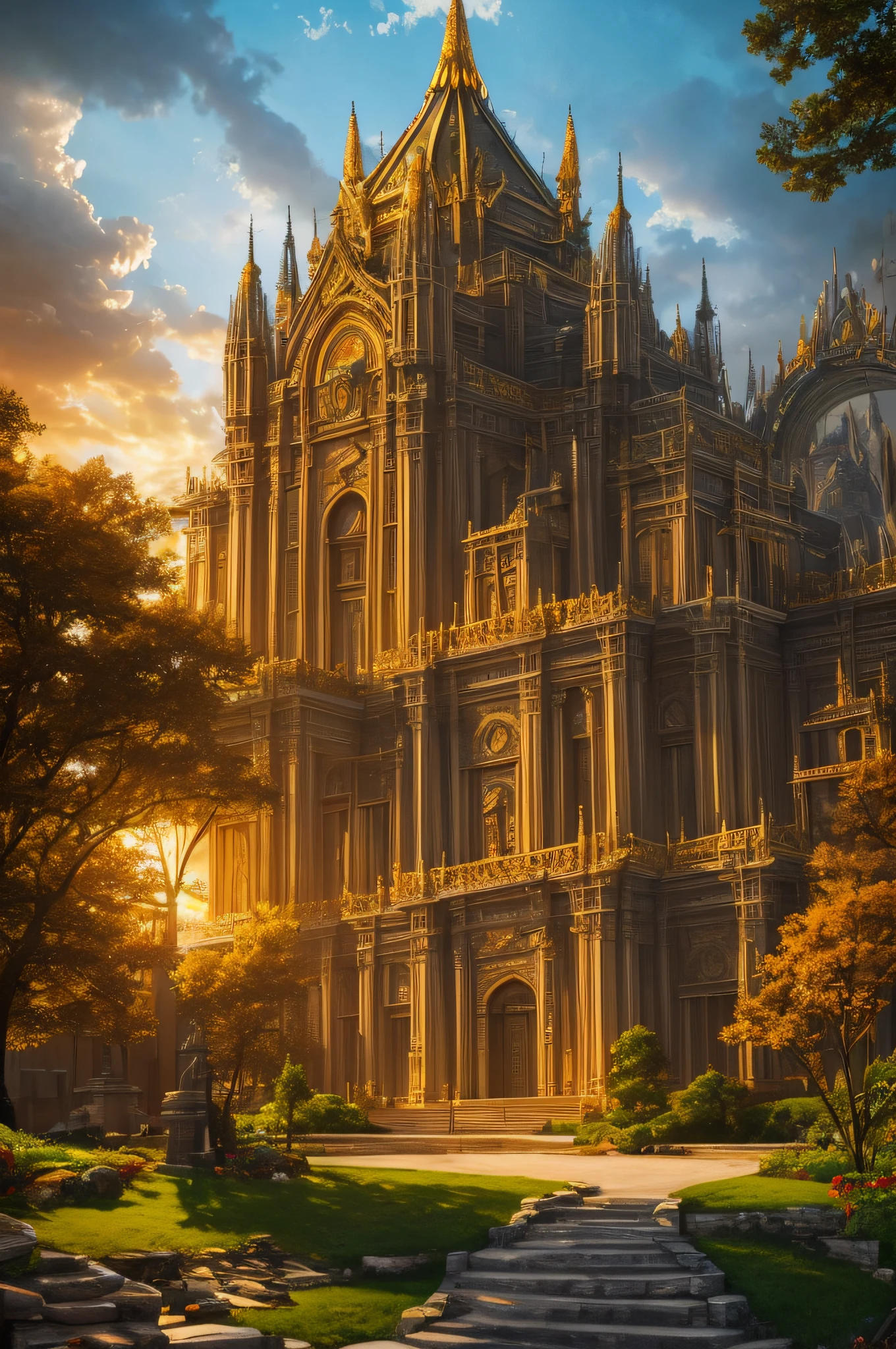 fantasy art, RPG art, photograph, RAW, (Ultra detailed: 1.5), Best Detailed, picture of temple of magic worship, an epic fantasy building intensive art work, live like statues, stained glass art, Renaissance art work with, elements of fire, lightning and earth decorating the building, masterpiece, best quality, (extremely detailed), ultra wide shot, photorealism, depth of field, hyper realistic, 2.5 rendering