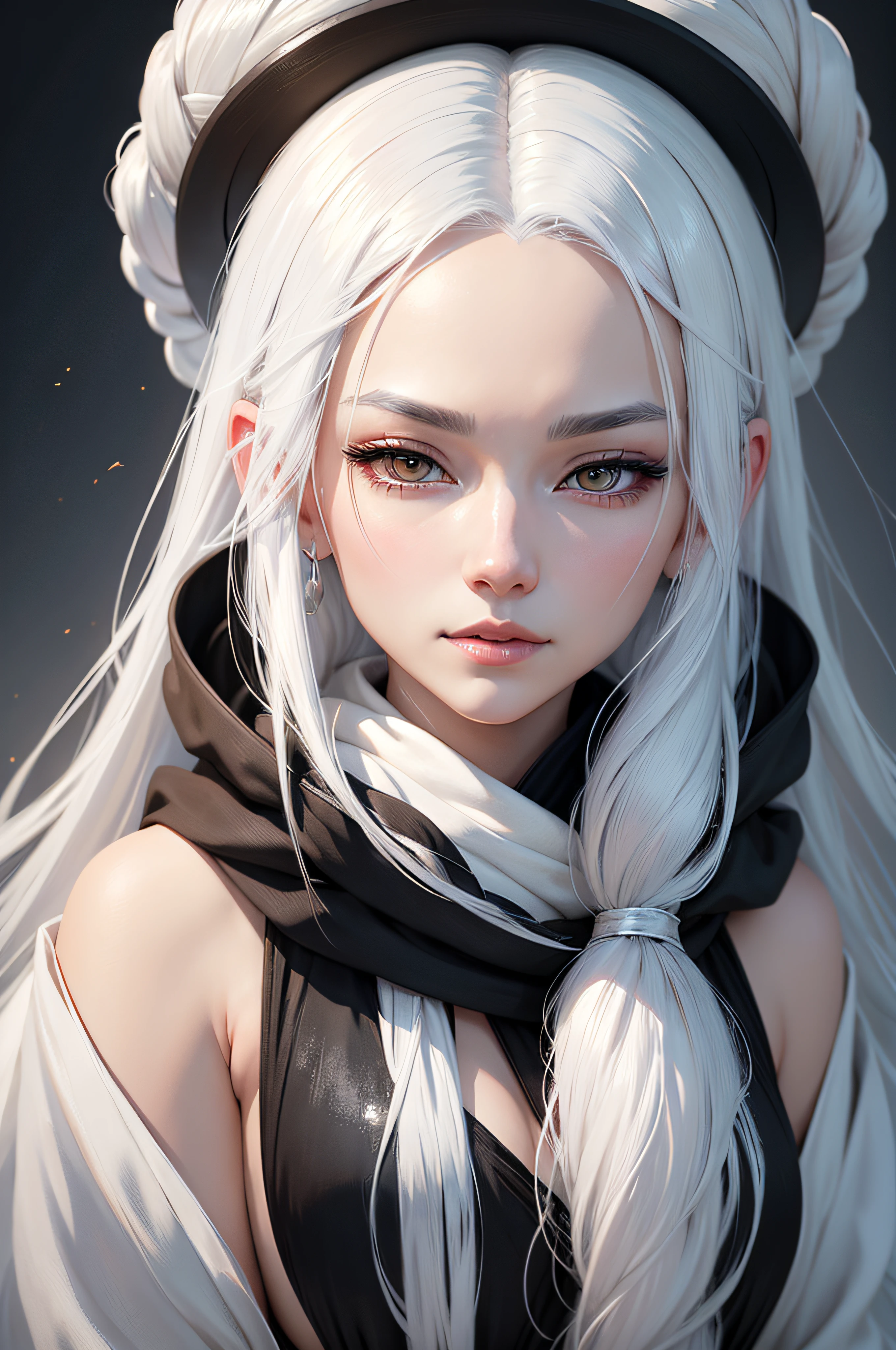 Close up portrait of woman with white hair and black scarf, a character portrait by Yang J, Pixiv Contest Winner, Fantasy Art, white haired god, beautiful character painting, artwork in the style of guweiz, the piercing stare of yuki onna, guweiz, with white long hair, with long white hair, flowing hair and long robes