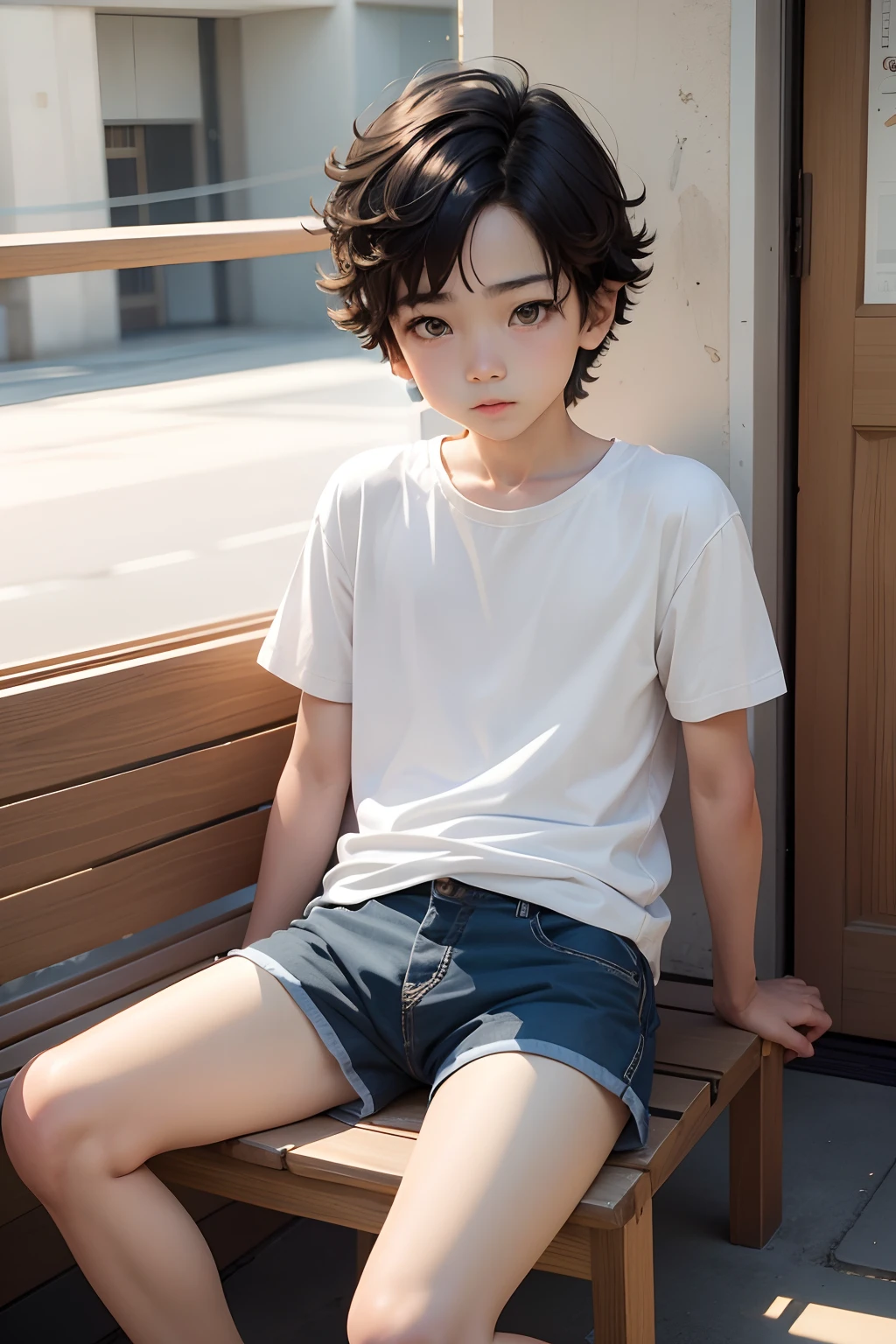  cute boy，Detailed face，Detailed eyes，二重まぶた，sitted，Wear shorts and short sleeves