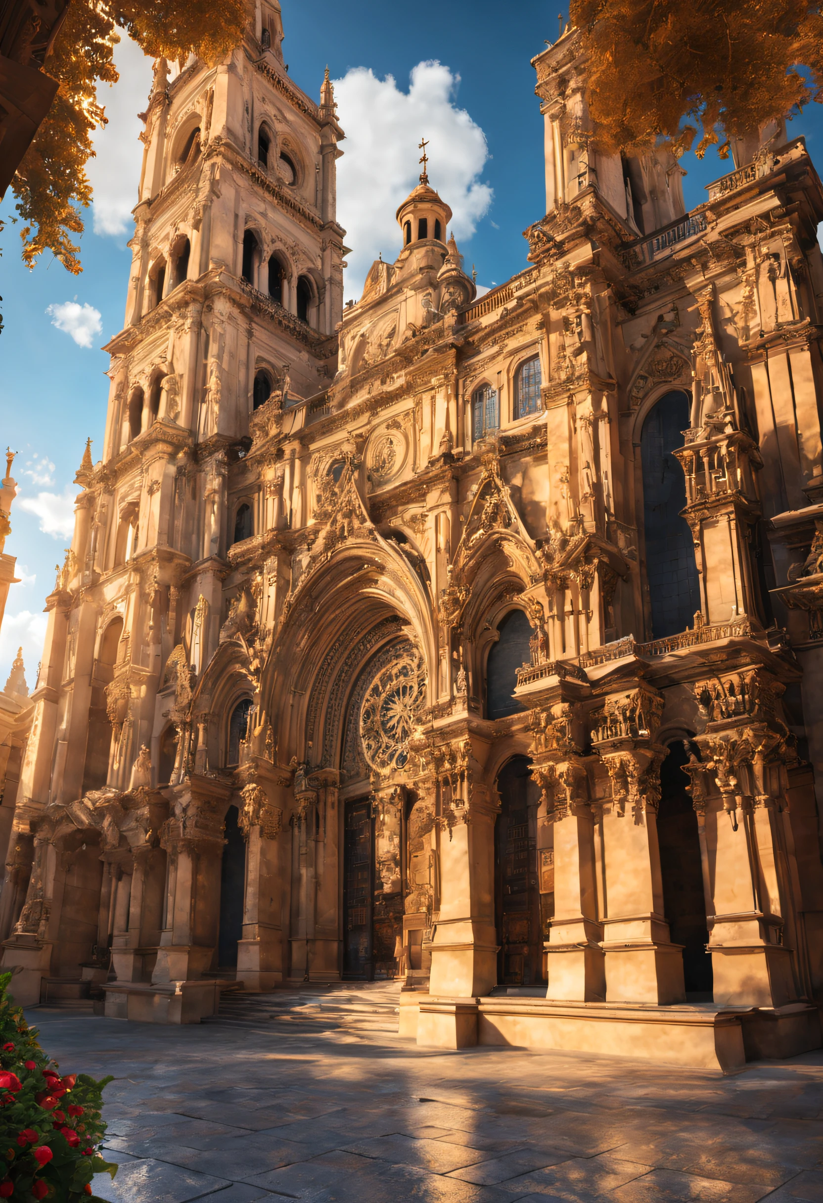 (best quality,4k,8k,highres,masterpiece:1.2),ultra-detailed,(realistic,photorealistic,photo-realistic:1.37),HDR,UHD,studio lighting,extremely detailed exterior view of the Cathedral of Seville,impressive Gothic architecture,golden sunlight filtering through the intricate stained glass windows,towering spires reaching towards the sky,exquisite stone carvings and sculptures on the façade,imposing entrance with grand double doors,meticulously designed flying buttresses supporting the massive structure,majestic bell towers standing tall,ornate rose window with vibrant colors,peaceful courtyard adorned with vibrant flowers and fountains,harmonious blend of light and shadows,reflective pools mirroring the cathedral's beauty,dramatic sky in the background creating a sense of awe,impressive scale and magnitude of the cathedral,awe-inspiring presence,overwhelming sense of history and divinity,architectural masterpiece,elegant arches and vaulted ceilings,warm earthy tones contrasting with the blue sky,serene atmosphere,spiritual sanctuary