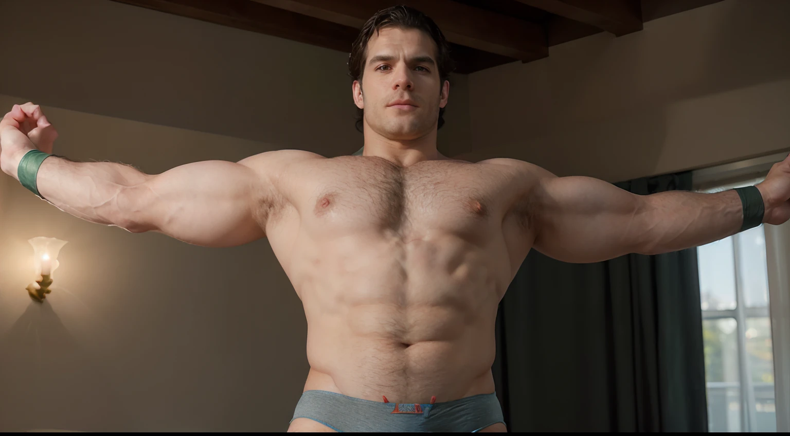 henry cavill, Kale, with excessively large inflated breasts, with hairy armpits, hairy chest, inflated press, inflated arms, in full height, in underpants with a large bulge on the underpants, 18+