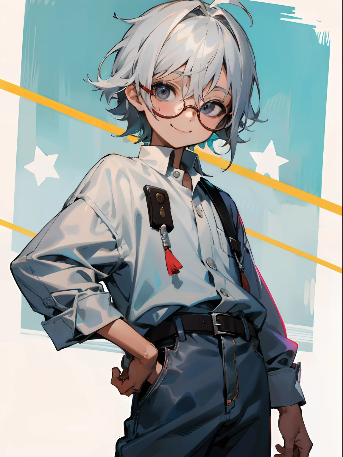 Male child, eye glasses,Cowboy Shots,A smile, silber hair