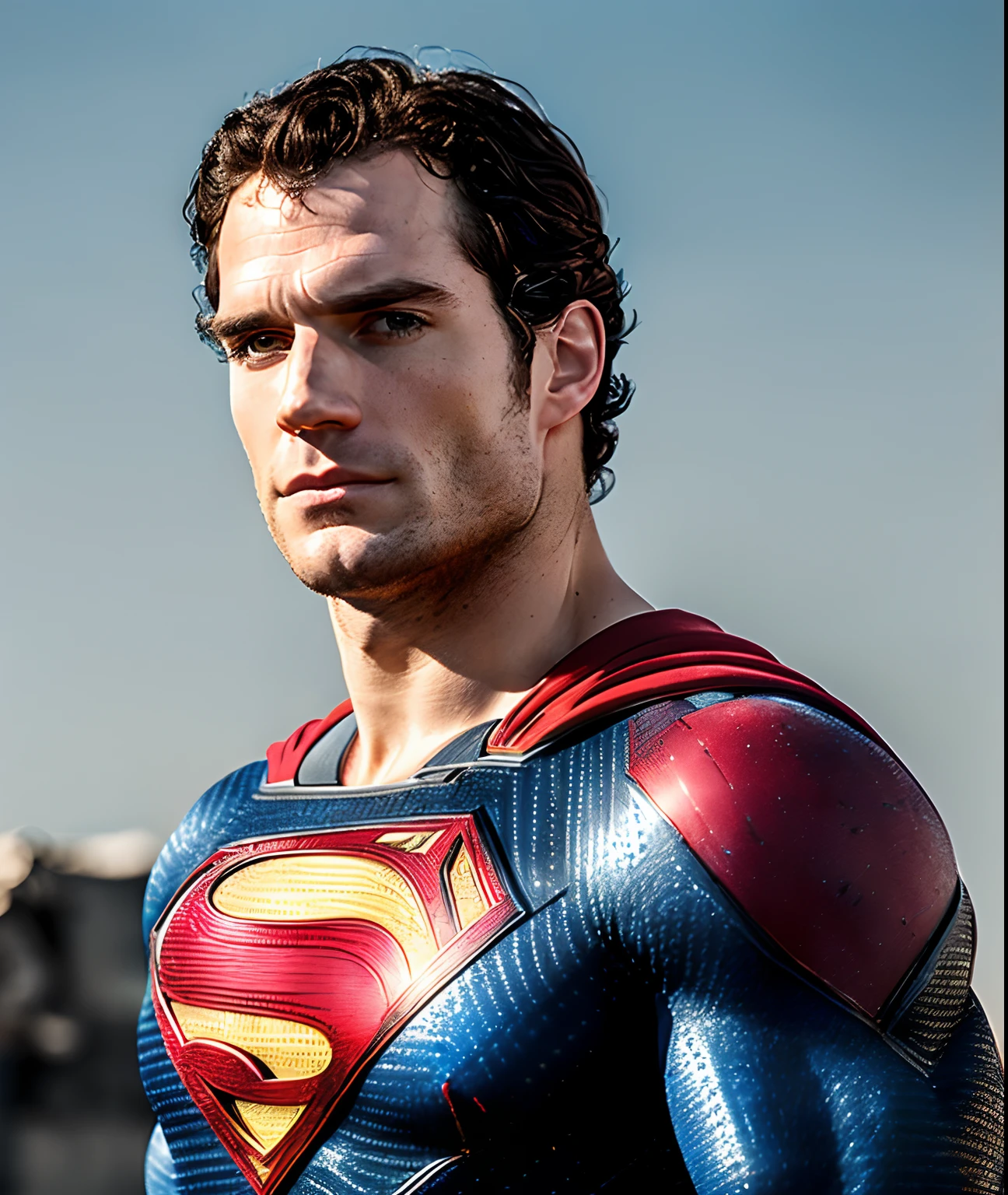 Photo of Henry cavill is superman , superhero, upper body,cinematic, movie, grain movie (2023s)1boy, building destroyed , realistic , (8k, RAW photo, best quality, masterpiece:1.2), (realistic, photo-realistic:1.33), best quality, detailed eyes blue, cute,natural lighting, depth of field, film grain, wrinkled skin, sharp