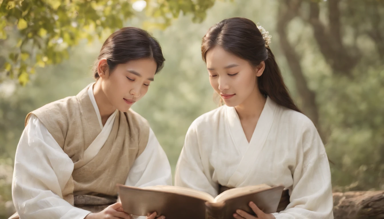 (Best Quality,Ultra-detailed,realisitic:1.37),portrait of a,Korean men and women reading the Bible,Oil Painting,Traditional Korean Costume,Peaceful garden scene,Soft sunlight,tranquil expression,wisdom,Bible Quotes,vibrant colours,delicate brushwork,subtle textures,lush greenery,Contemplative atmosphere,Beautiful picture book,Highlighted features:Eyes in focus,gentle smiling,Graceful posture,Sunlight shining through the trees,rays,Quiet surroundings,serene ambiance,A Blessed Moment