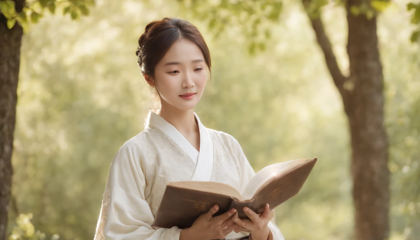 (Best Quality,Ultra-detailed,realisitic:1.37),portrait of a,Korean men and women reading the Bible,Oil Painting,Traditional Korean Costume,Peaceful garden scene,Soft sunlight,tranquil expression,wisdom,Bible Quotes,vibrant colours,delicate brushwork,subtle textures,lush greenery,Contemplative atmosphere,Beautiful picture book,Highlighted features:Eyes in focus,gentle smiling,Graceful posture,Sunlight shining through the trees,rays,Quiet surroundings,serene ambiance,A Blessed Moment