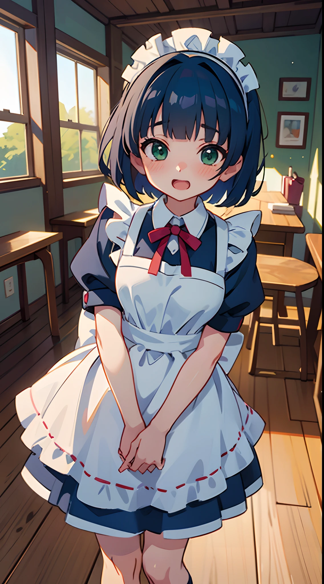 (Best Quality,4K,hight resolution,Ultra-detailed:1.2),Anime style,Food and table、20 year old girl standing、Animated picture,Wearing an apron,smile shy,Blushing,Solo Focus,White Apron,shiny dark blue hair、Straight short hair、Green eyes、Blunt bangs、middle size breasts,Looking at Viewer,mead,Indoors,Open mouth,Short sleeves,Maid headdress,Beautiful Girl,Anime Maid.