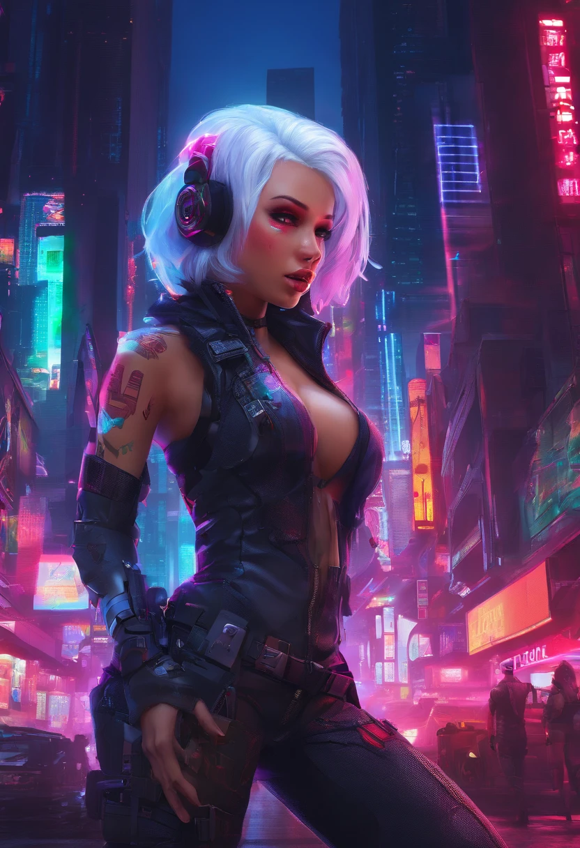 Cyber Girl white hair short I have a handgun Red eye