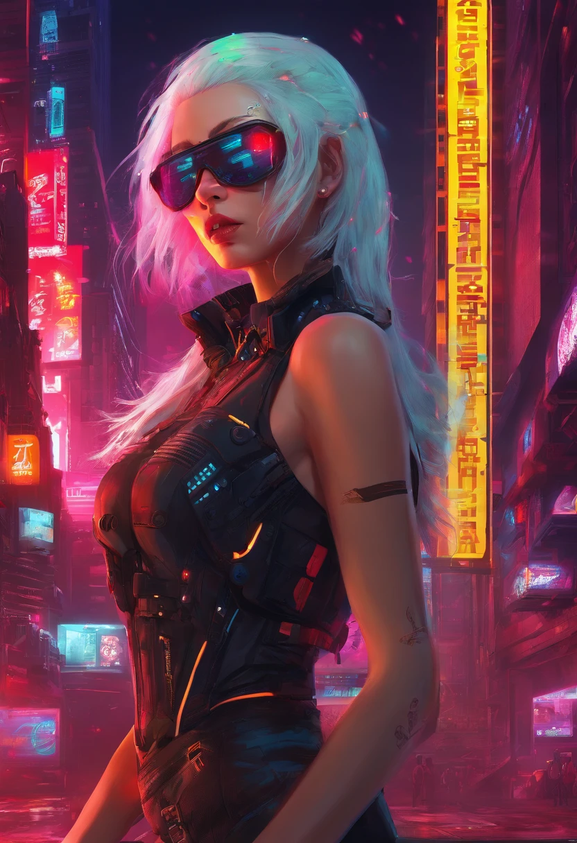 a high quality digital illustration of "White Reaper, HarlequinPunk, Jaehra, panjang penuh" in a cyberpunk style, futuristic, vibrant colors, detailed character design, dynamic poses, neon lights, urban setting, stylized artwork, 4k resolution