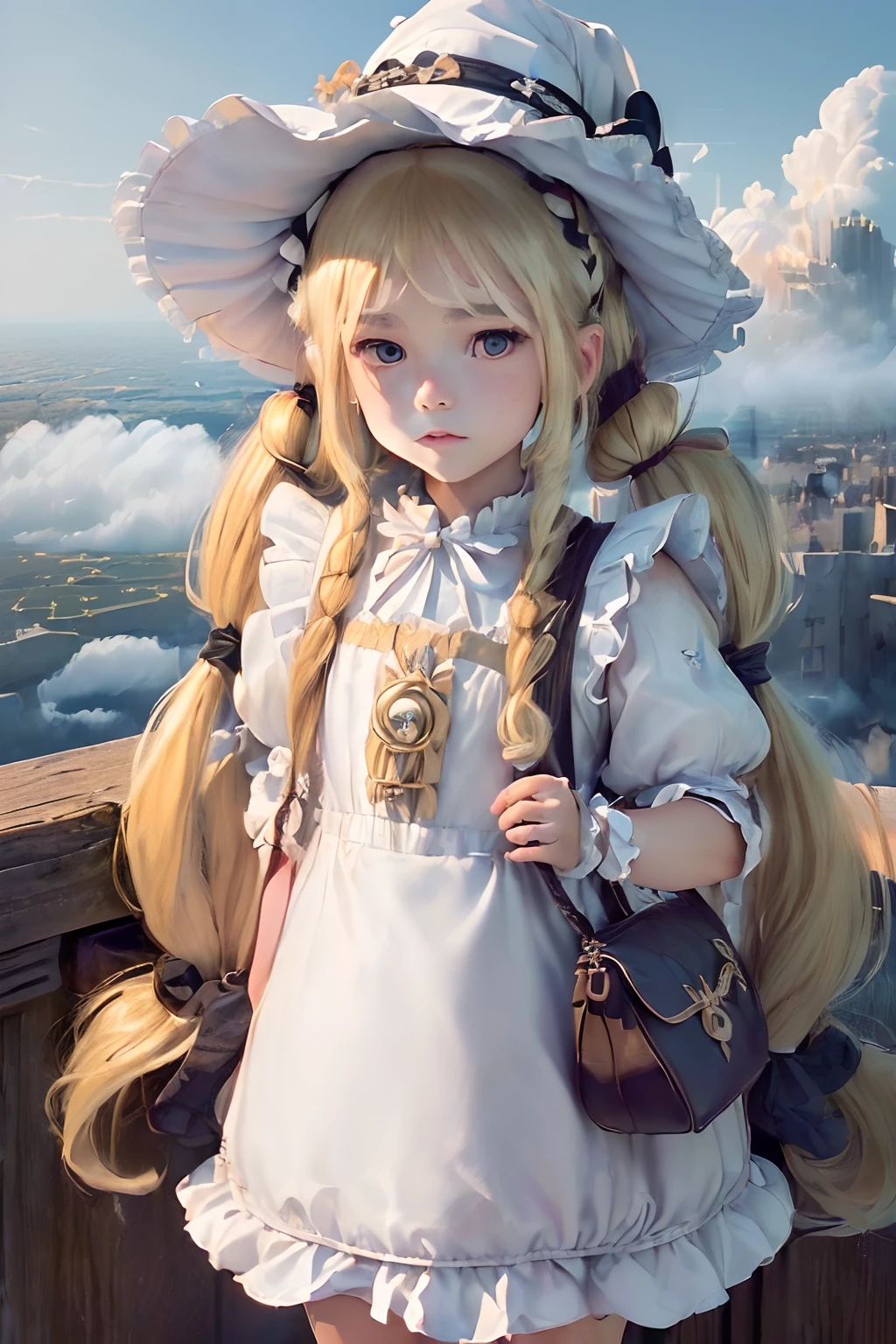((((hyperdetailed face, Perfect face and nice perfect face)))),( hight resolution, ultra-detailliert), (((((Petite girl with long hair blonde twin tails)))),(())),((((White Maid Dress)))),（((girl with))),,((((Boston Bag)))),(((witch's hat))),(((sea of clouds))),((())),(((Medieval cityscape))),(((Ruffled skirt, Highest Quality)))),(((With Drangon)))