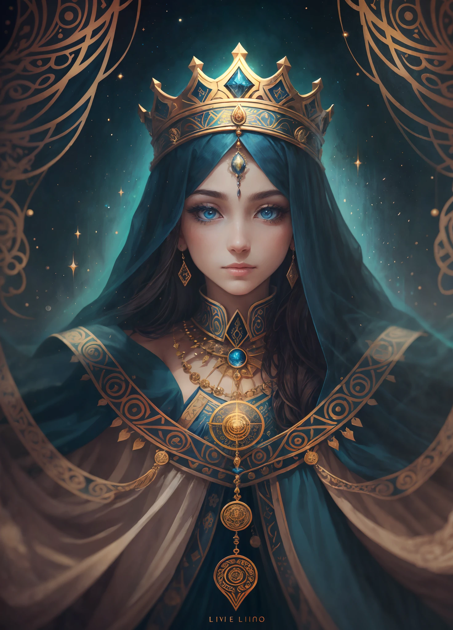 the High Priestess card reveals itself as one of the most enigmatic and powerful in the Tarot. It is firmly linked to intuition, to mystery and hidden wisdom, inviting us to explore its meaning in a ritualistic setting. In the visual representation, the High Priestess assumes her position on a richly ornate throne, symbolizing your heightened connection to the divine. Seu manto, muitas vezes tingido em tons de azul profundo, envolve completamente seu ser, simbolizando o conhecimento profundo e o aspecto misterioso de sua sabedoria. A crown adorns his head, possibly decorated with spiritual or lunar symbols. with reverence, ela segura um livro aberto em seu colo, que se manifesta como um portal para o conhecimento sagrado e a sabedoria interior. Sometimes, a curtain or veil flows smoothly behind her, sugerindo o limiar entre o mundo consciente e o mundo inconsciente, between what is known and what remains mysterious. The expression on his face is serene and introspective, pointing to its deep connection to the inner world and inviting us to delve into the depths of our own intuition and wisdom. As part of this rite of understanding, we explore the High Priestess to uncover the secrets and mysteries she holds. --auto --s2