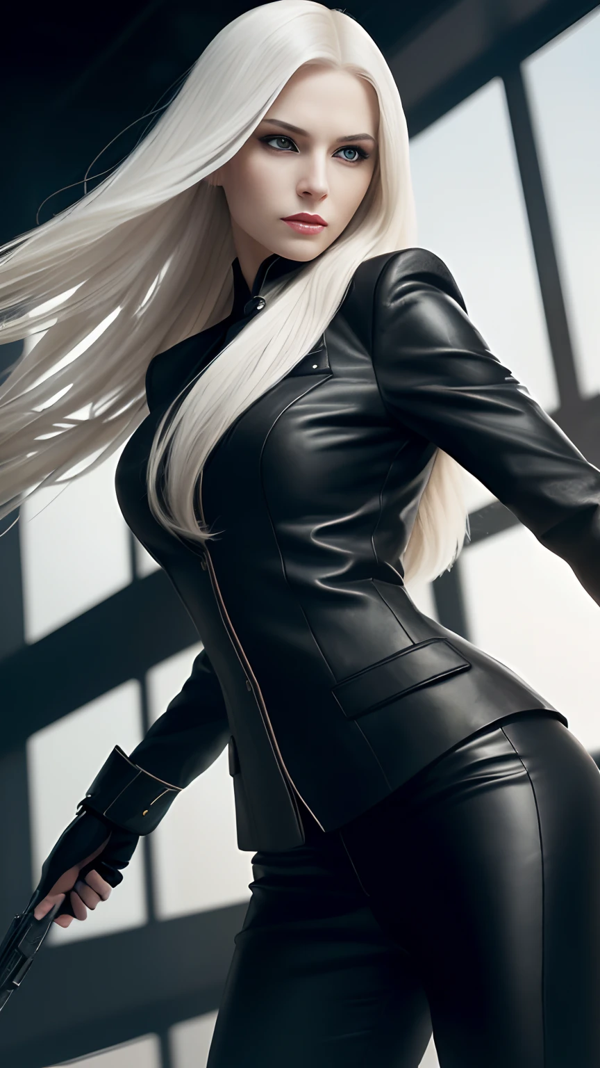 "Create an illustrated graphic featuring a stylish character with white hair and black sunglasses, dressed in a black suit, holding a futuristic gun. The character should be placed in front of a dynamic background with dark tones and bright, contrasting elements, such as RGB highlights and flames. Include the text 'UP 44 WaLa' in bold, white letters with a black outline. The overall style should be edgy and modern, with a strong emphasis on contrast and vibrant details.