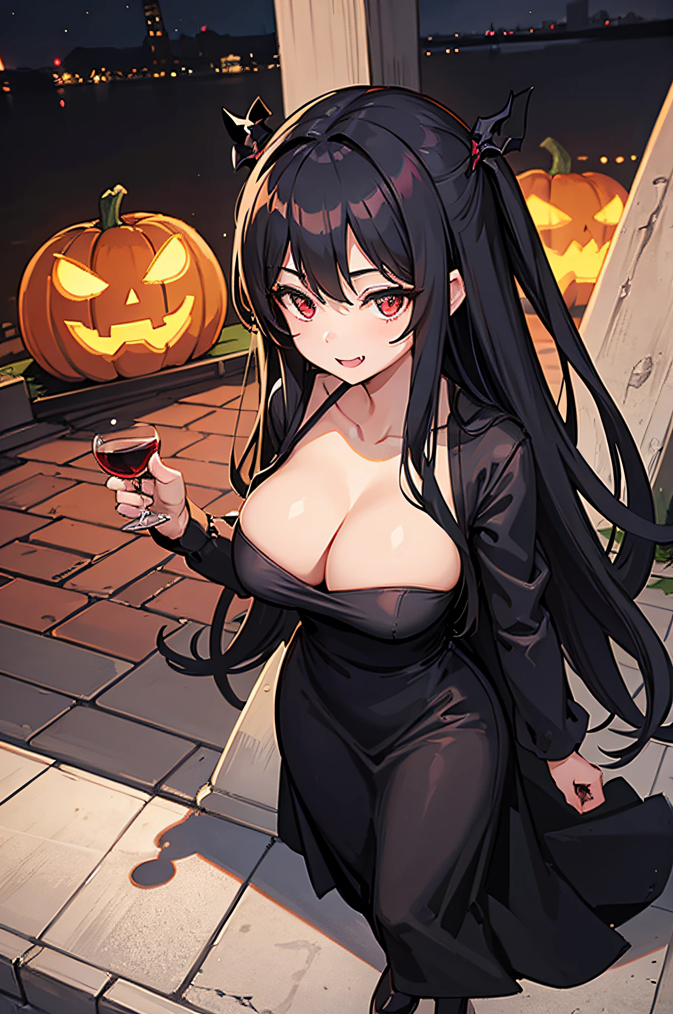 one girl, black dress, black long hair, 24 years old, face-Mature, Hanging eyes, Hugh breast, light smile, Fang, full body shot, Standing, deep crimson eyes tiara, night, Medieval castle super moon, BREAK, one red wine glass, Bats, pumpkin