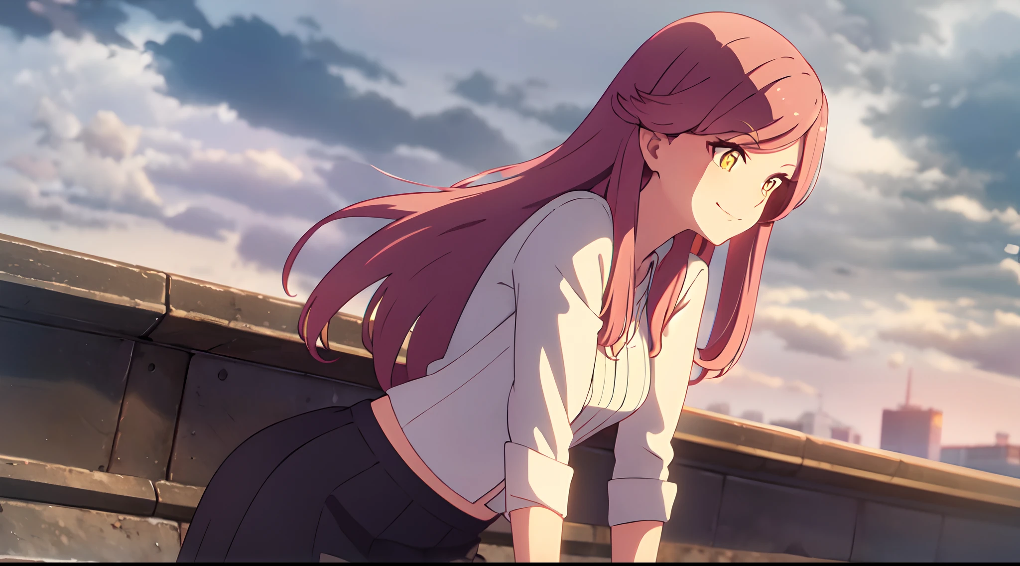 masterpiece, best quality, 1lady, solo, long pink hair, parted bangs, forehead, with yellow eyes, smiling, city, red shirt, short black skirt, outdoors, cloudy sky, close up