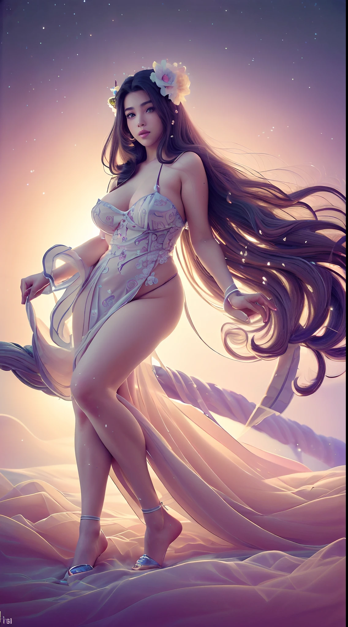 (Best quality, 4K, 8K, A high resolution, Masterpiece:1.2), Ultra-detailed, (Realistic, Photorealistic, photo-realistic:1.37), Portrait, Beautiful flowing long hair, Gray iris,vacant gaze, Plump pink lips, The ends of the hair are dotted with white flowers, Slender figure, Panoramic view, black formal, Detailed legs