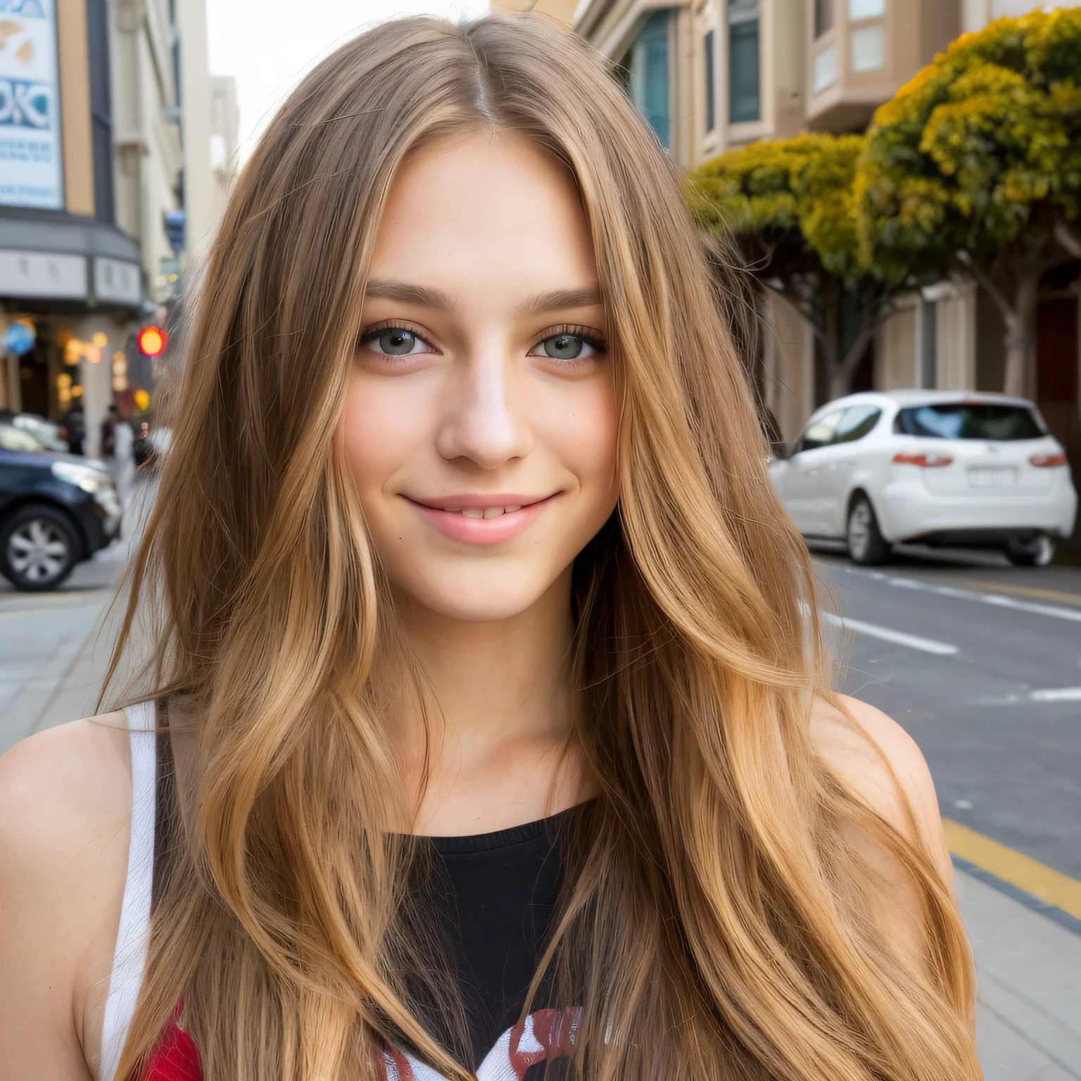 Alafed woman with long hair and pale brown eyes posing for photo, blonde and attractive features, Light boring hair, Light brown hair and light brown eyes, attractive female face, brown-blond-hair pretty face, beautiful woman face, Young beautiful woman, beautiful fine face features, San Francisco, San Francisco's vibrant street art scene