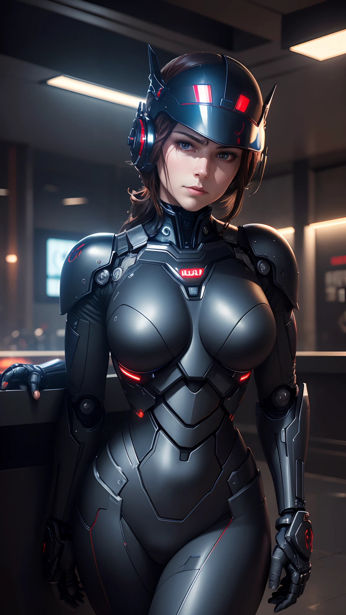 1male, realistic portrait of robo cop, masterpiece, 8k, UHD, HDR, great details, great quality, upper body shot, empty hands, polic station background, solo, dark lights, looking at viewer, serious face, red visor, black theme outfit --auto