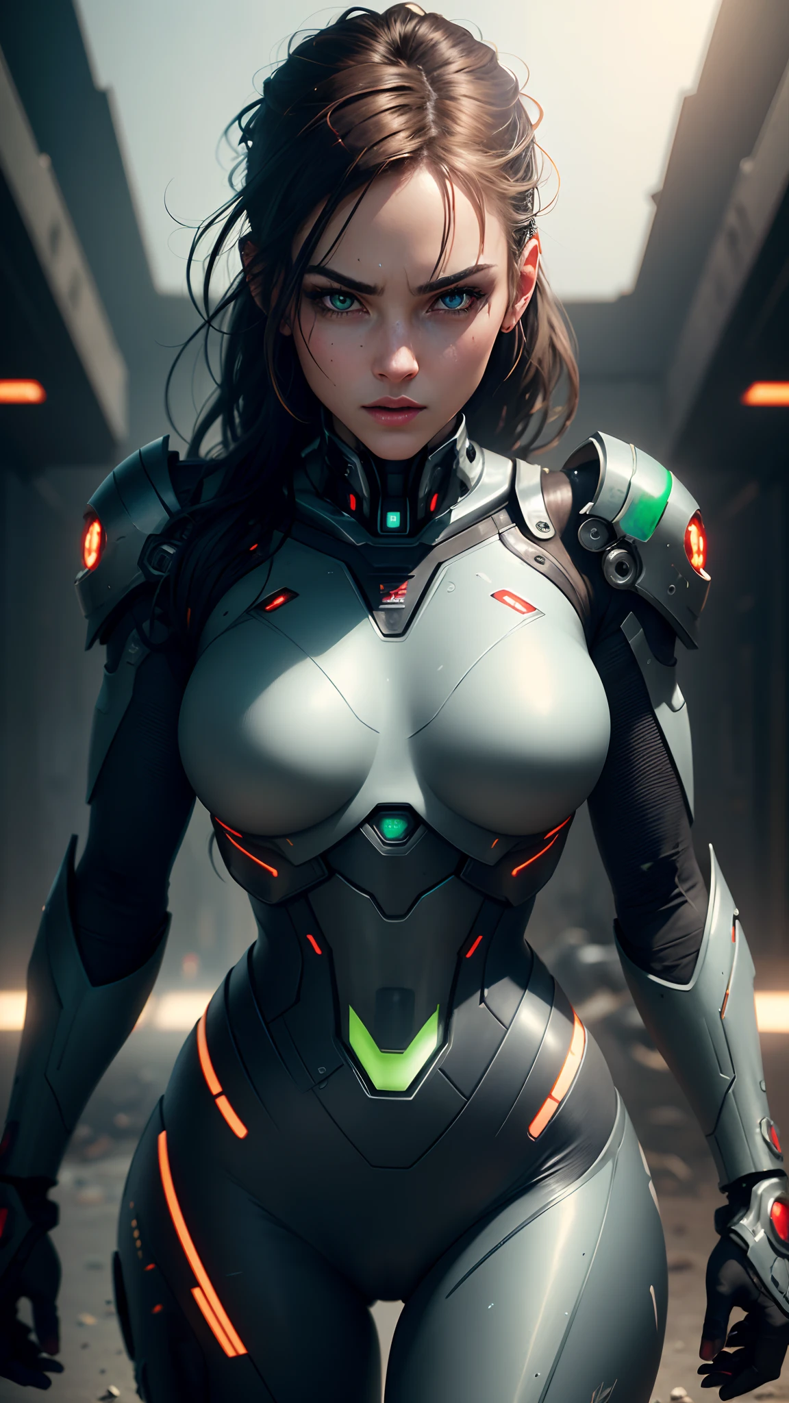 realistic portrait of a cyborg, female, sexy, masterpiece, 8k, UHD, HDR, extreme details, high resolution, realistic lighting, realistic shaders, light particles, glare, smooth armor, reflecting surface, upper body portrait, looking at viewer, green eyes, red lips, cyborg, experiment, serious face, --auto