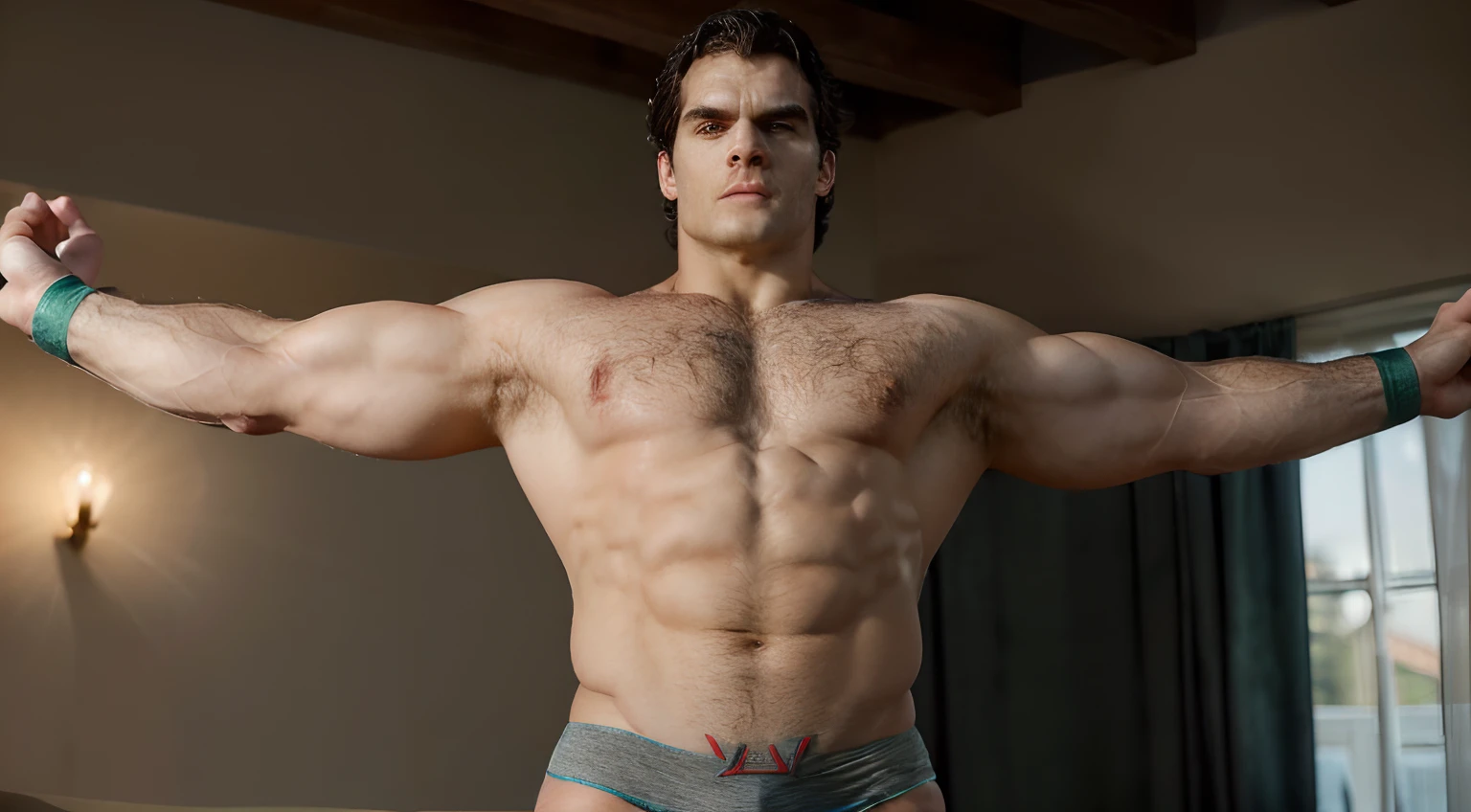 henry cavill, Kale, with excessively large inflated breasts, with hairy armpits, hairy chest, Inflated press, inflated arms, in full height, in underpants with a large bulge on the underpants, 18+
