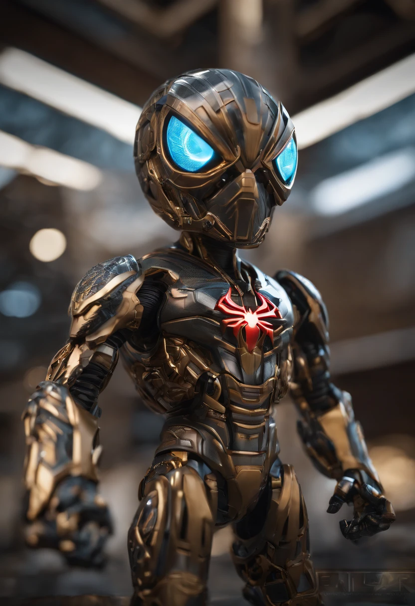 spider-man,funko pop, big forhead, Action Pose,Complex 3D rendering of beautiful and fascinating biomechanical male robot、Mythical Alien Jaeger Mech, powerful, evil, 3d render, in the style of natural fractal armor, Chromecore armor, Robotcore, cyberpunk, photorealistic, standing at a distance in middle of valley, wide angle view