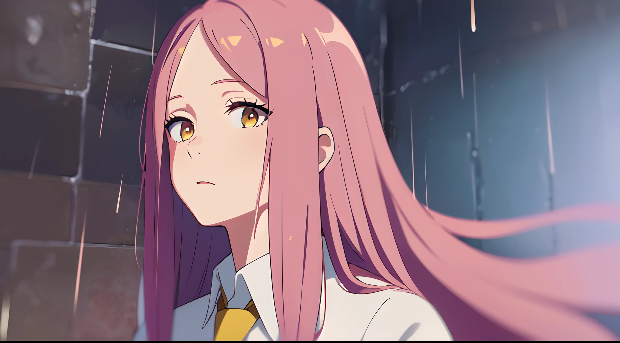 masterpiece, best quality, 1girl, solo, long pink hair, parted bangs, forehead, with yellow eyes, sky, red collared shirt, close up, rain