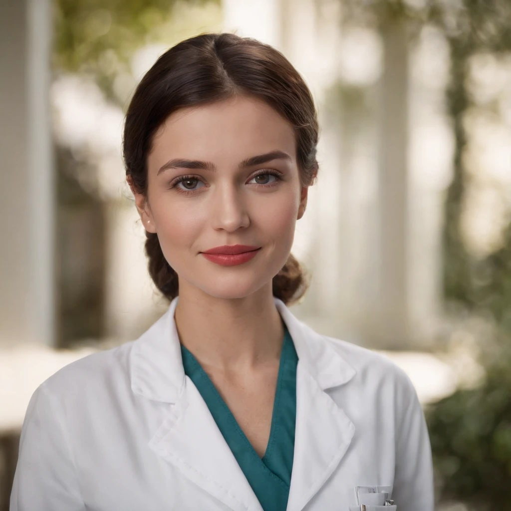 close-up, editorial photograph of a 20 yo woman from the 1940's), (highly detailed face:1.4) (smile:0.7) (background inside dark) (short brown hair) (brown eyes), (shirt) (white lab coat) (doctor) (holding a clipboard)