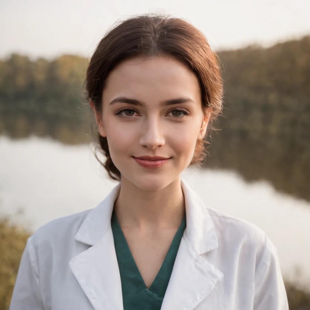 close-up, editorial photograph of a 20 yo woman from the 1940's), (highly detailed face:1.4) (smile:0.7) (background inside dark) (short brown hair) (brown eyes), (shirt) (white lab coat) (doctor) (holding a clipboard)