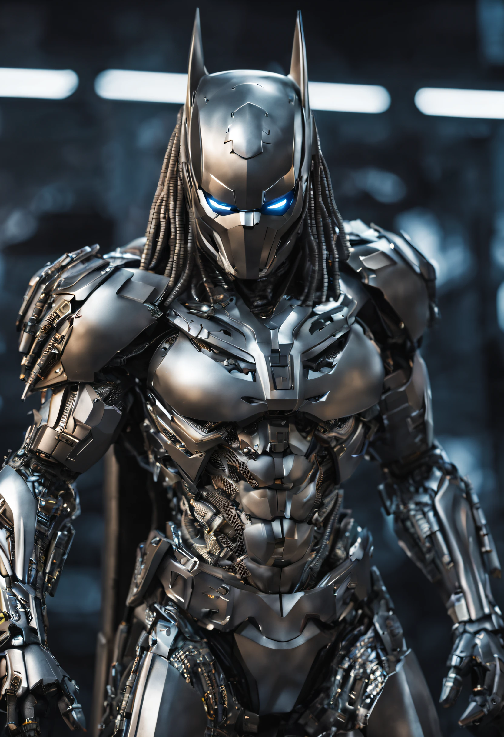 New York, predator, full body photo, gray skin with scales, Cyber, armor details in technological silver, Robotic armor, Batman, Authentic background