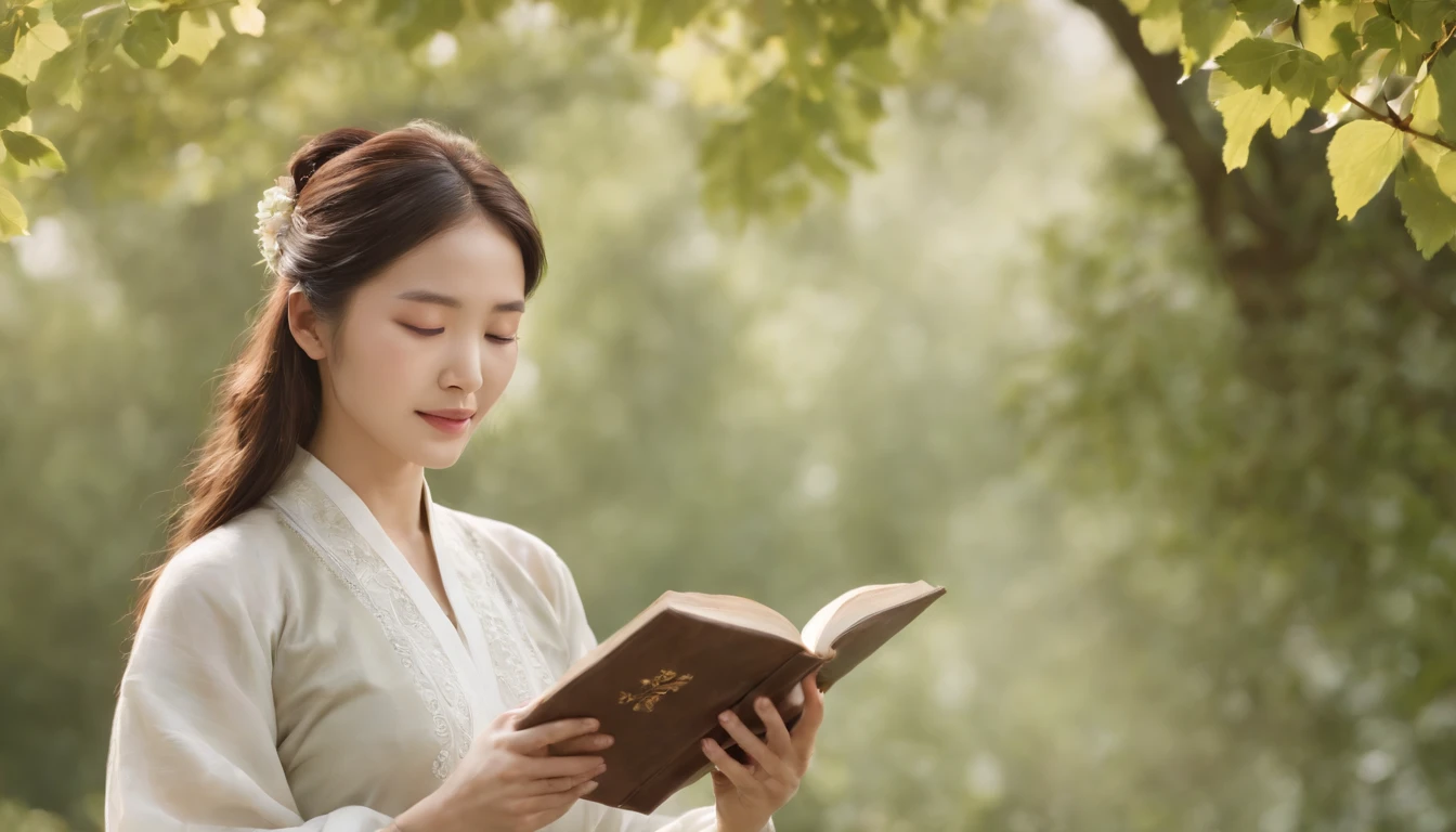 (Best Quality,Ultra-detailed,realisitic:1.37),portrait of a,Korean men and women reading the Bible,Oil Painting,Traditional Korean Costume,Peaceful garden scene,Soft sunlight,tranquil expression,wisdom,Bible Quotes,vibrant colours,delicate brushwork,subtle textures,lush greenery,Contemplative atmosphere,Beautiful picture book,Highlighted features:Eyes in focus,gentle smiling,Graceful posture,Sunlight shining through the trees,rays,Quiet surroundings,serene ambiance,A Blessed Moment