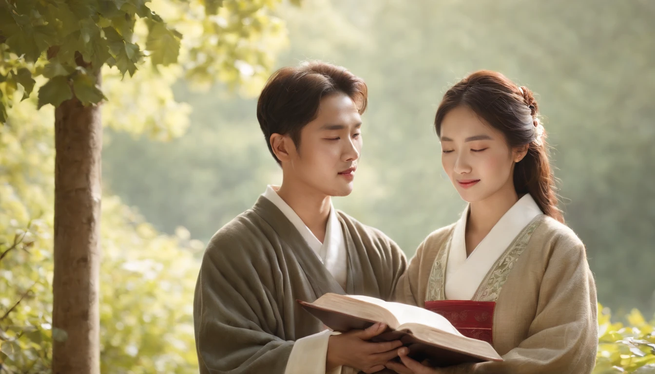 (Best Quality,Ultra-detailed,realisitic:1.37),portrait of a,Korean men and women reading the Bible,Oil Painting,Traditional Korean Costume,Peaceful garden scene,Soft sunlight,tranquil expression,wisdom,Bible Quotes,vibrant colours,delicate brushwork,subtle textures,lush greenery,Contemplative atmosphere,Beautiful picture book,Highlighted features:Eyes in focus,gentle smiling,Graceful posture,Sunlight shining through the trees,rays,Quiet surroundings,serene ambiance,A Blessed Moment