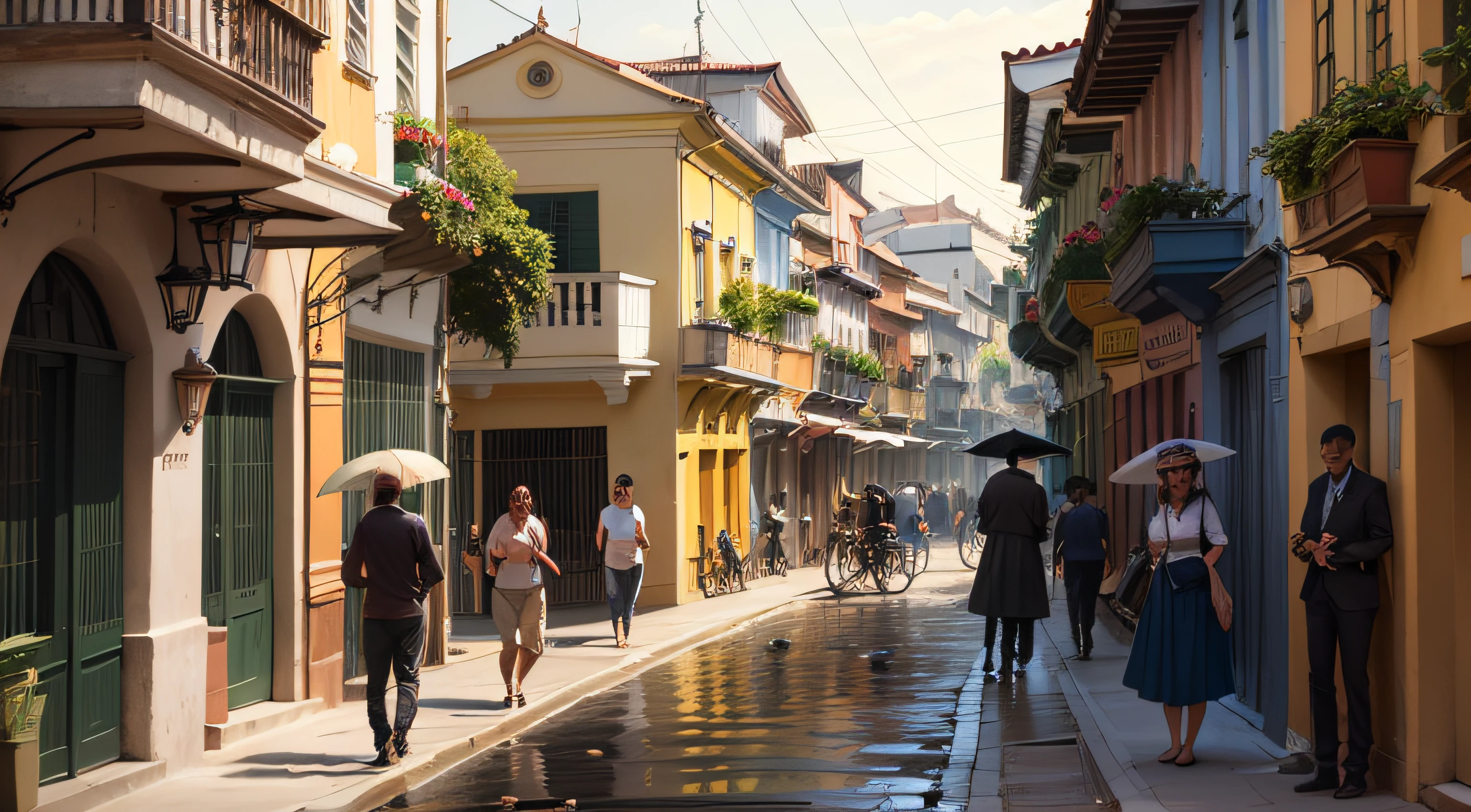 crear una calle que represente una calle enpedrada in 1888, lloviendo en Cartagena colombia con personas que realizan sus actividades diarias.